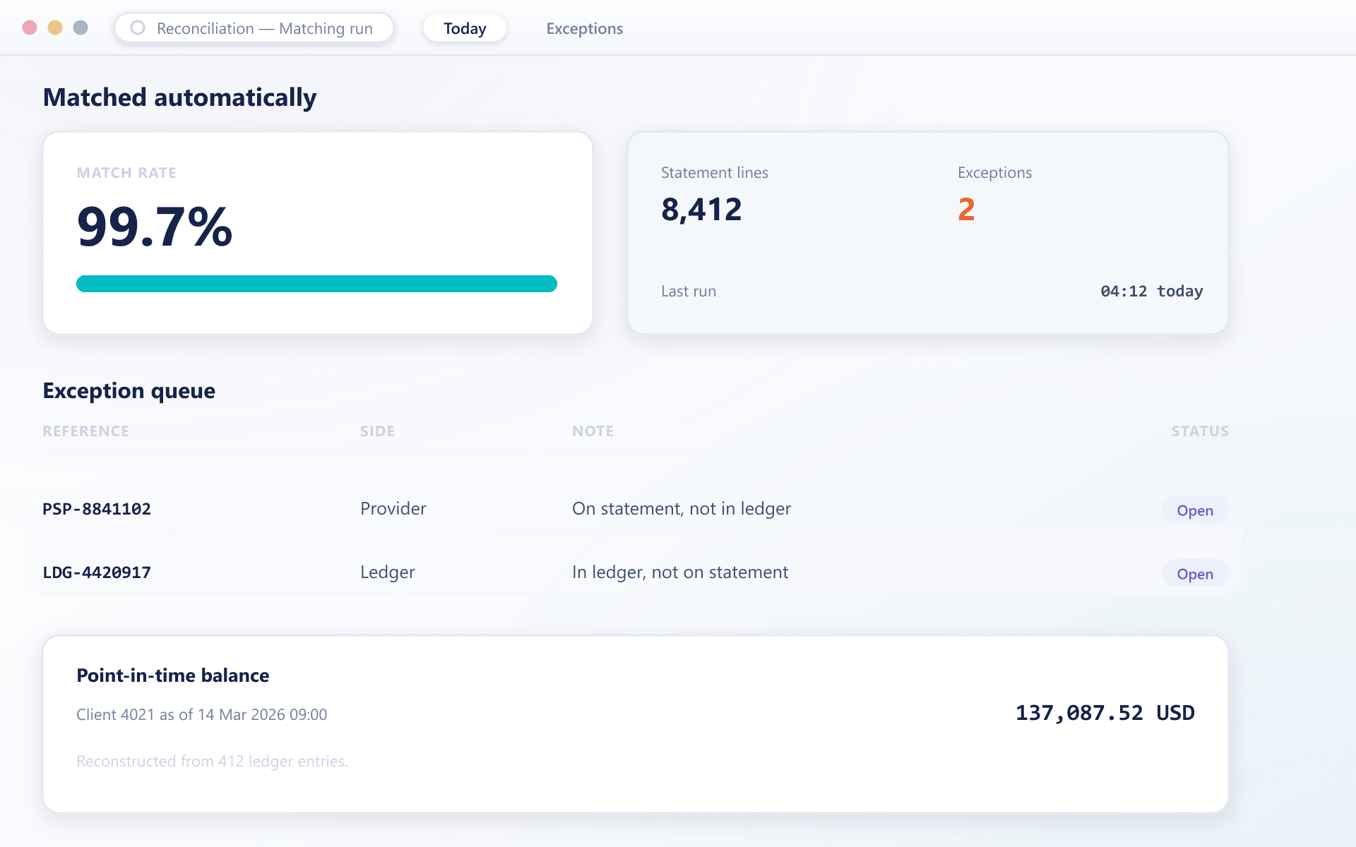 BrokerOS reconciliation match rate, exception queue and point-in-time balance view