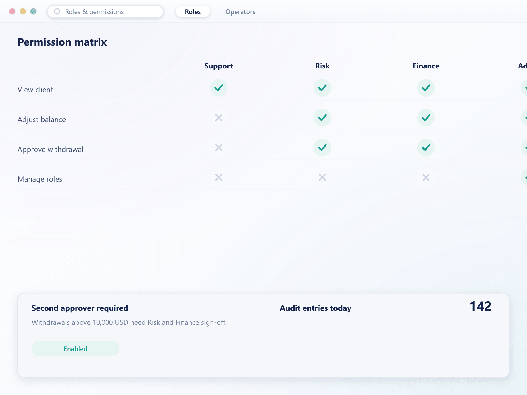 BrokerOS role permission matrix with second-approver control and audit count