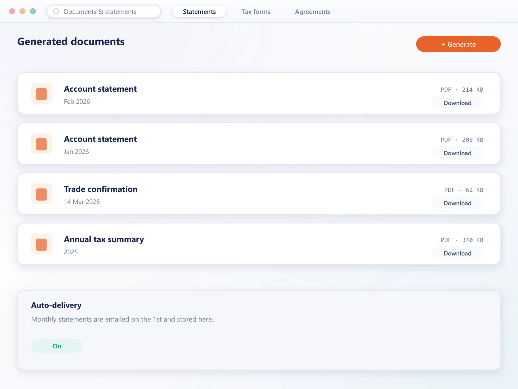 BrokerOS generated documents list with auto-delivery status