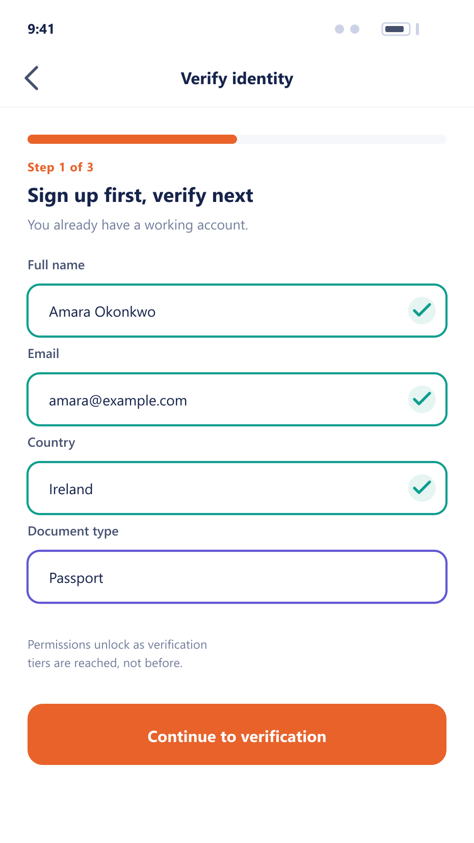 Mobile identity verification screen with prefilled signup details