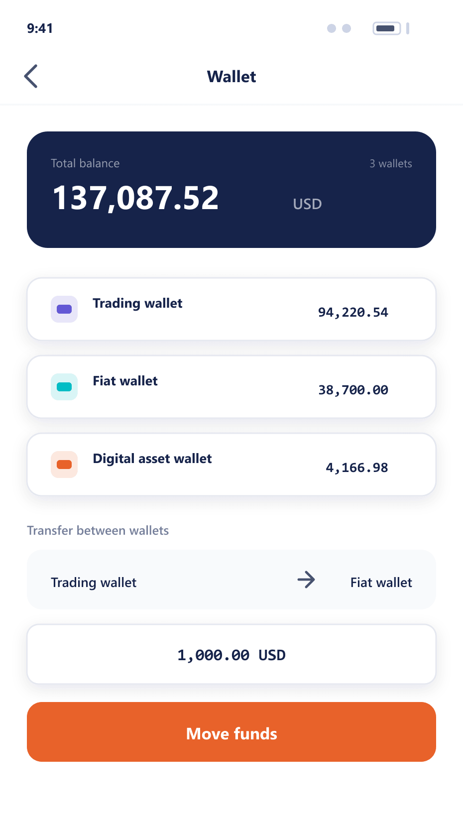 Mobile wallet balances with transfer between wallets screen