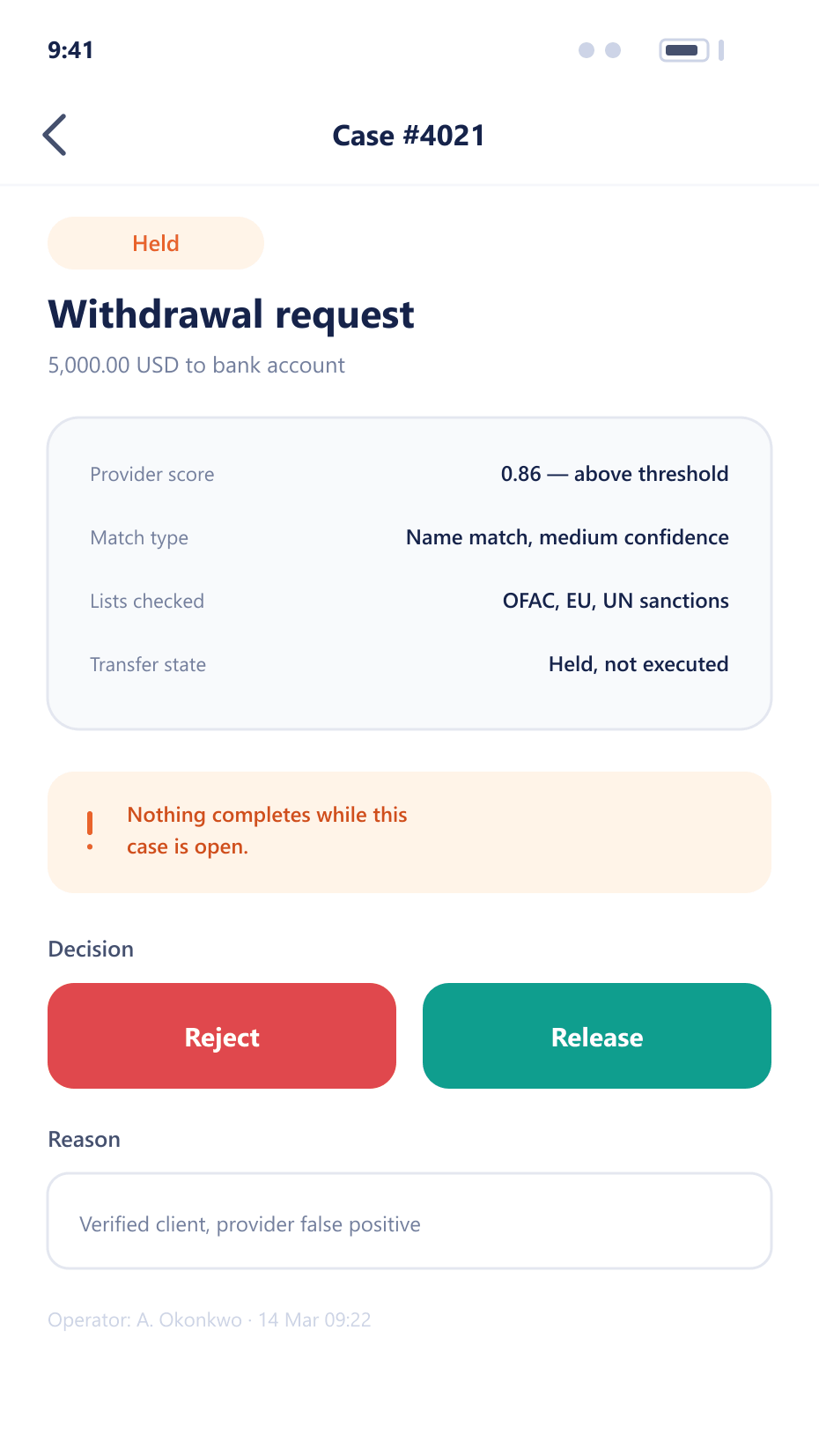 Mobile screening case screen showing a held withdrawal with provider score, reasoning and a release or reject decision