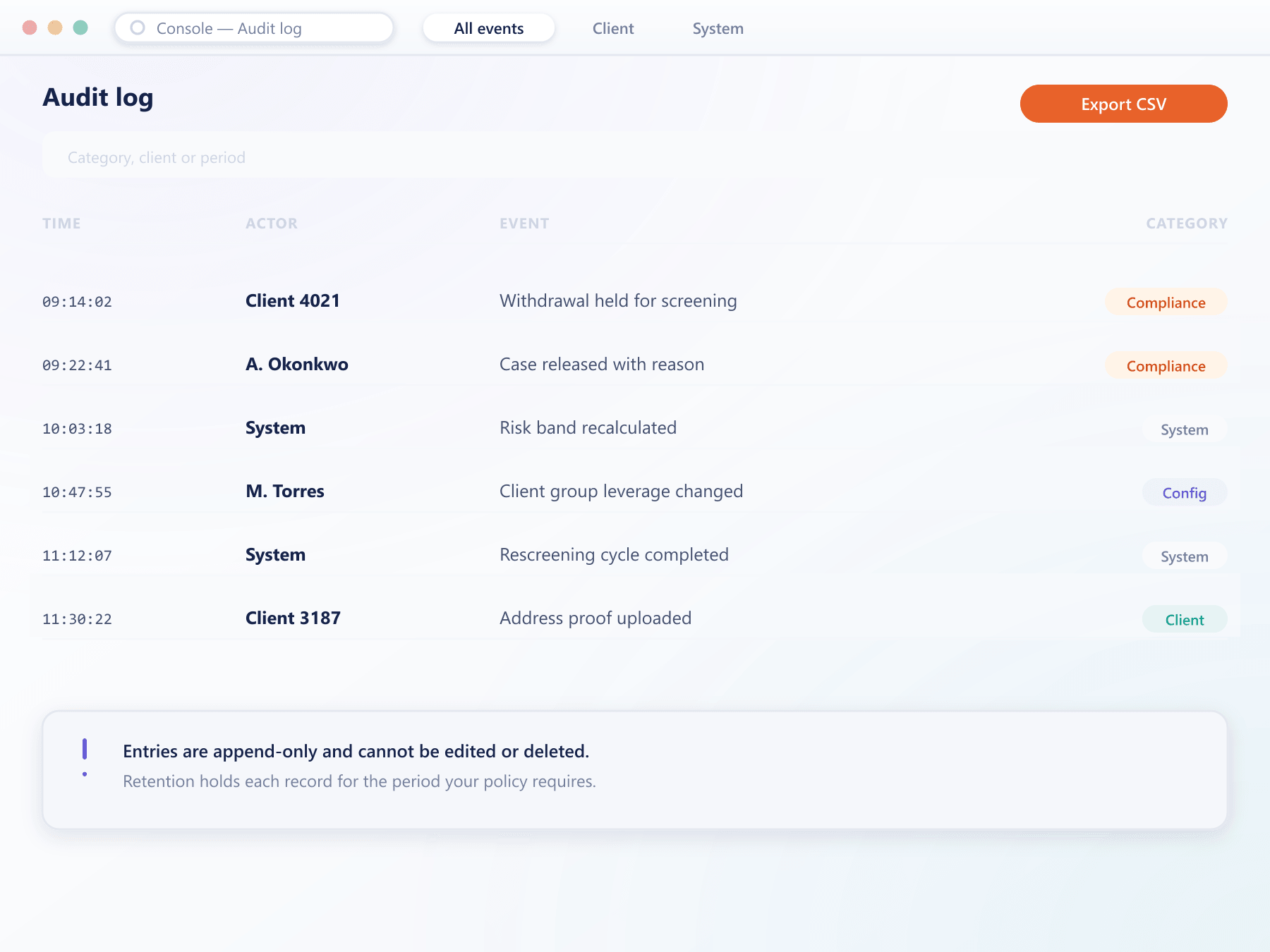 BrokerOS append-only audit log with filters, an export button and a retention notice