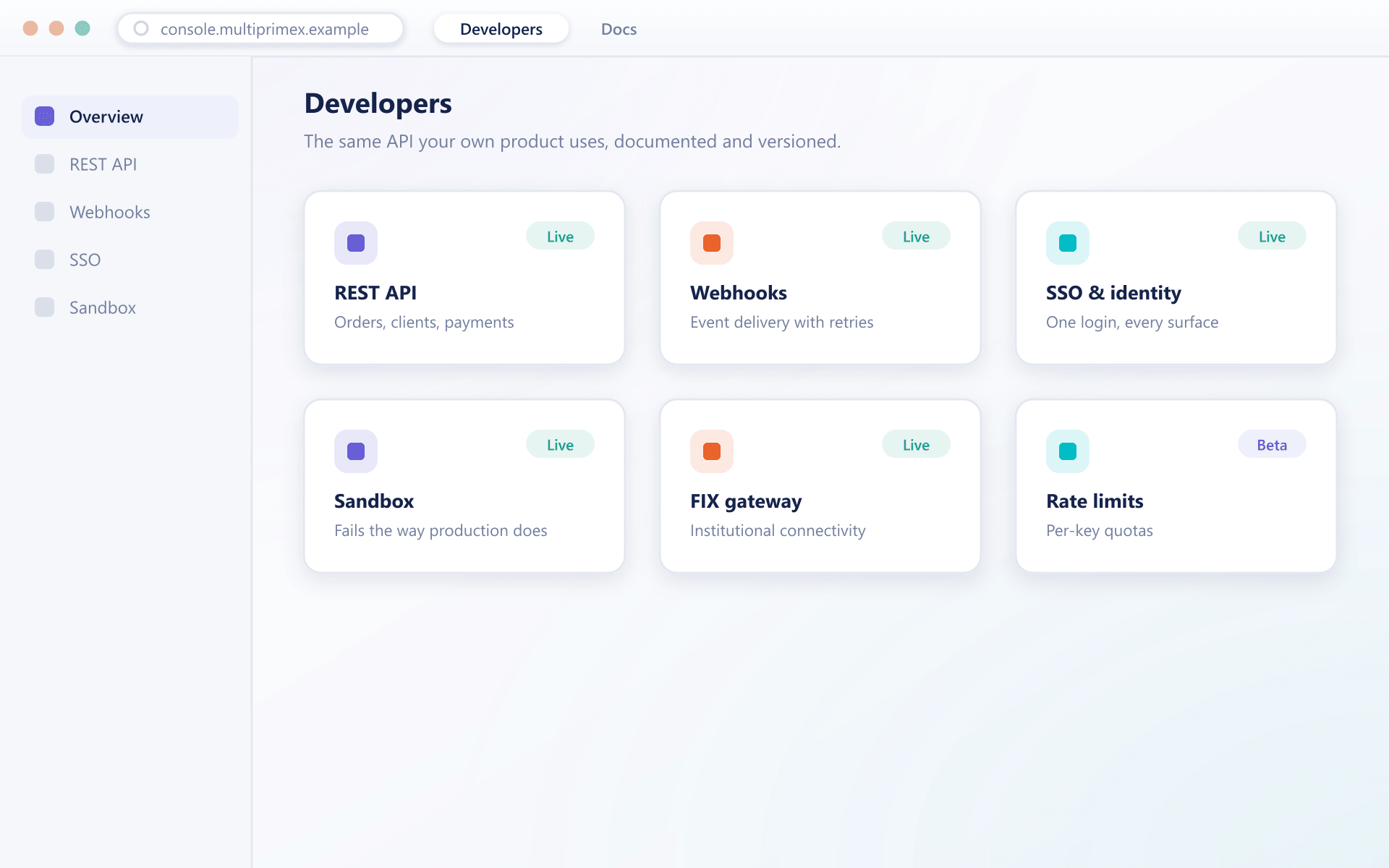 BrokerOS developer module grid covering REST API, webhooks, SSO and sandbox