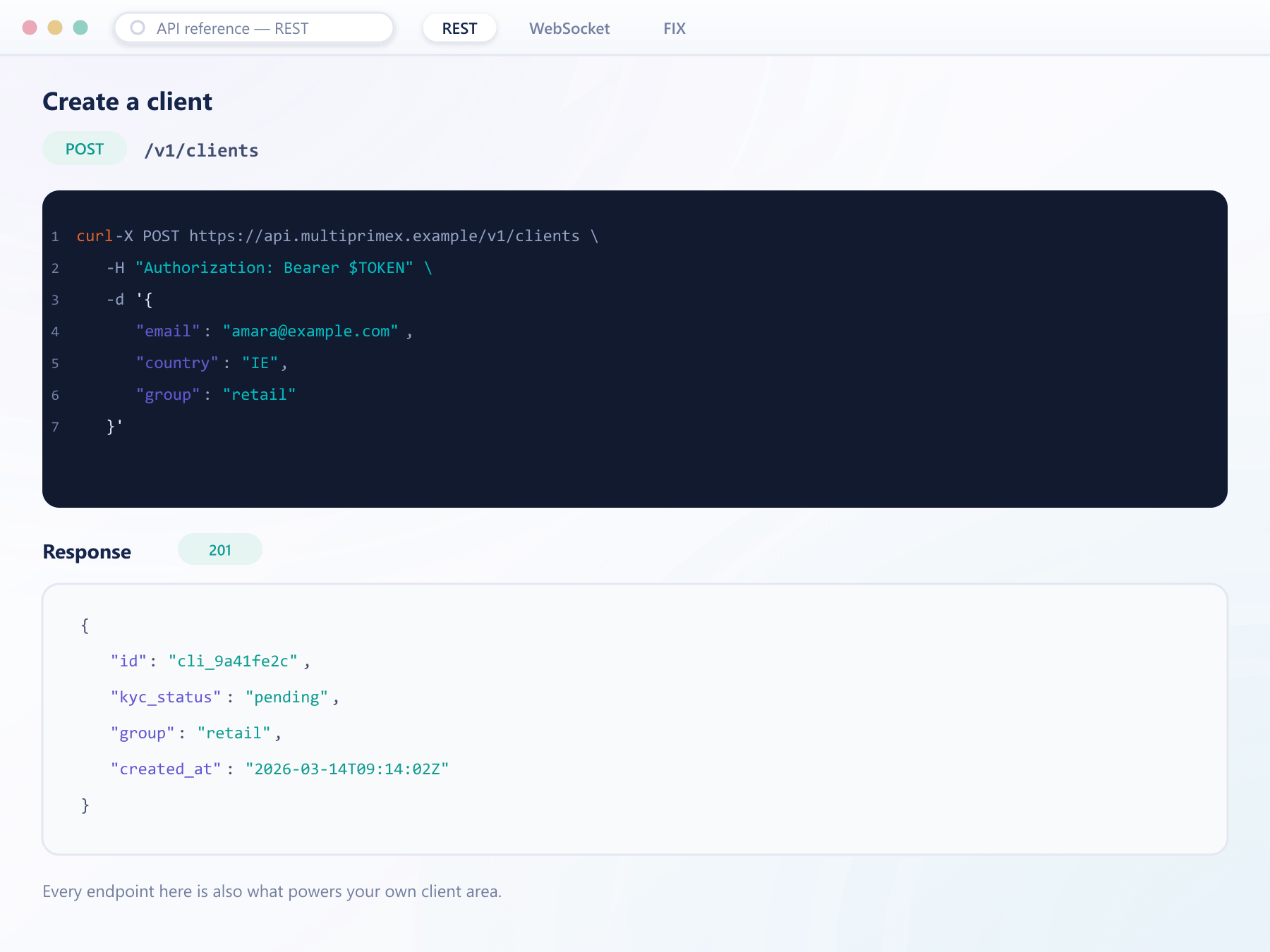 BrokerOS REST API example creating a client, with the curl request and JSON response shown