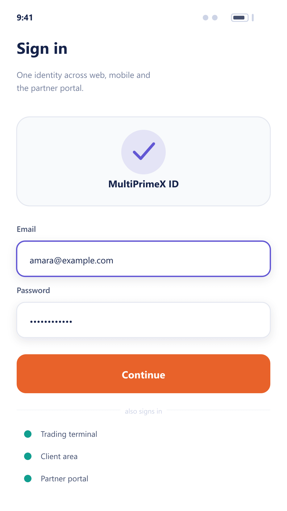 Mobile sign-in screen for a single MultiPrimeX ID that also signs into the trading terminal, client area and partner portal