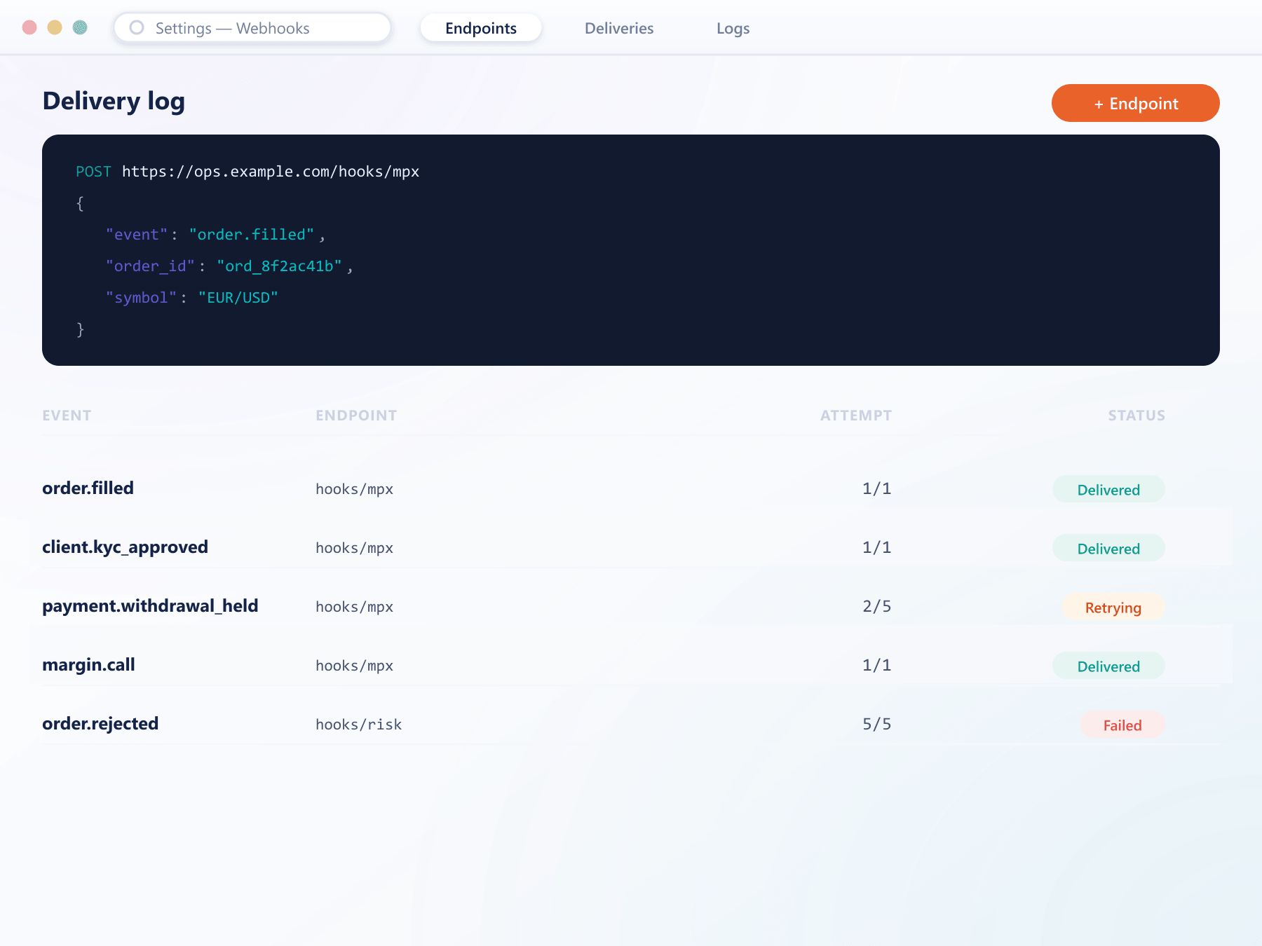 BrokerOS webhook payload alongside a delivery log with attempt counts and status