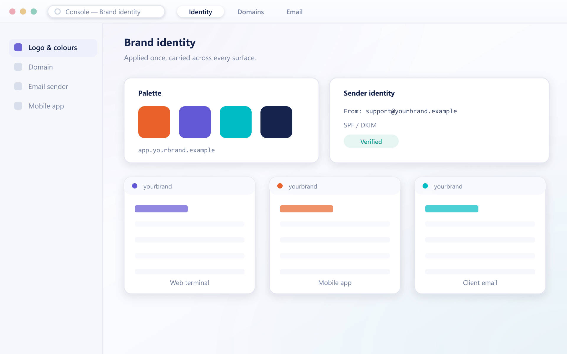Brand identity console with colour palette, sender domain and web, mobile and email previews