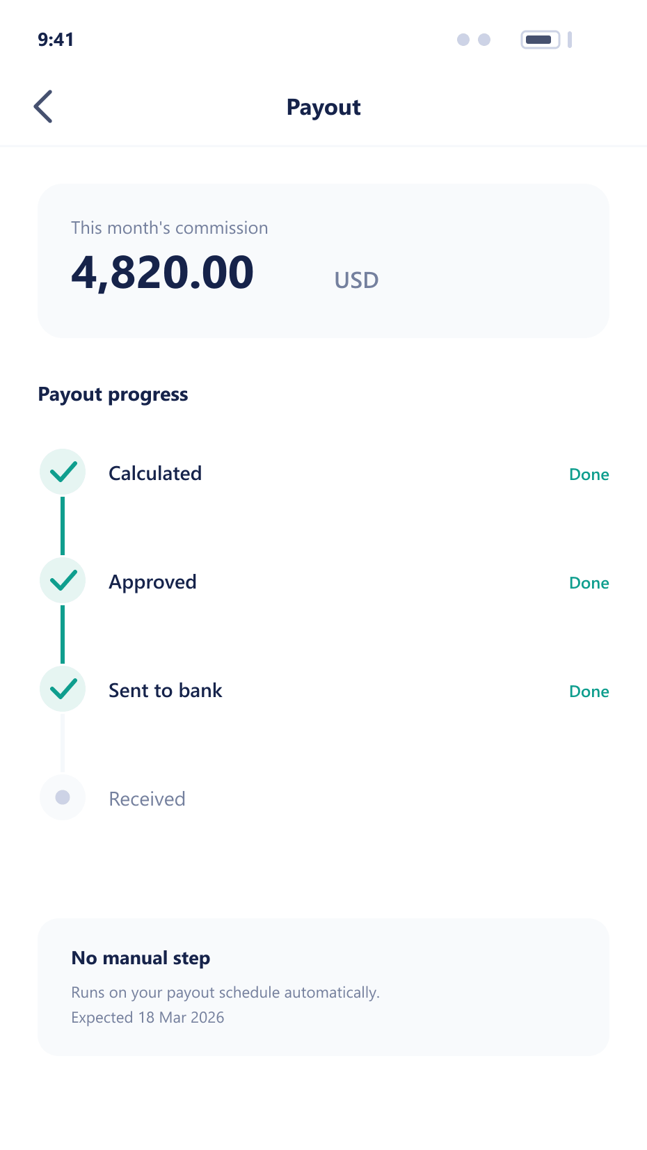 Mobile app screen showing a commission payout moving through automated processing steps