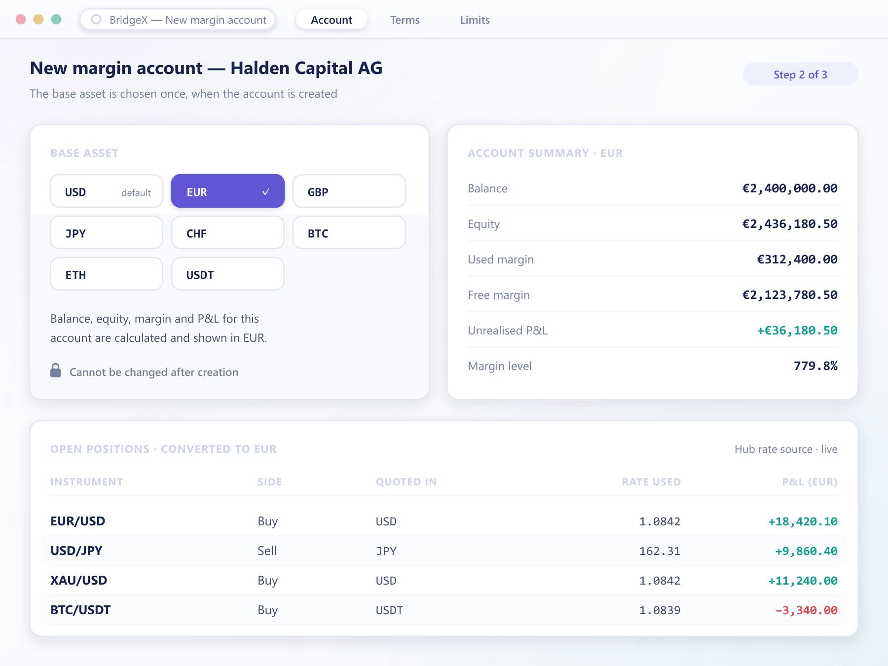 BridgeX account base asset settings