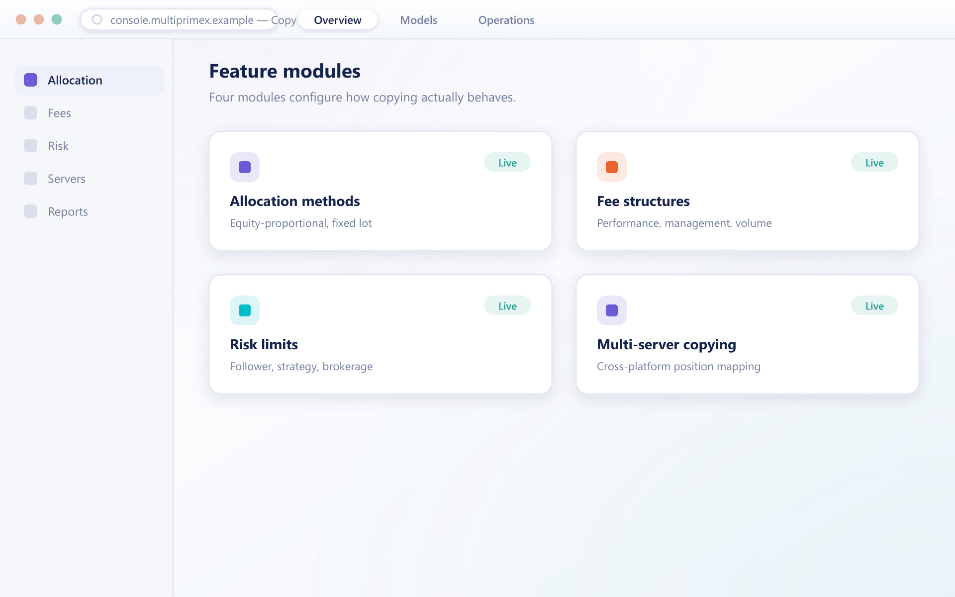 Grid of copy trading feature modules — allocation, fees, risk and multi-server copying