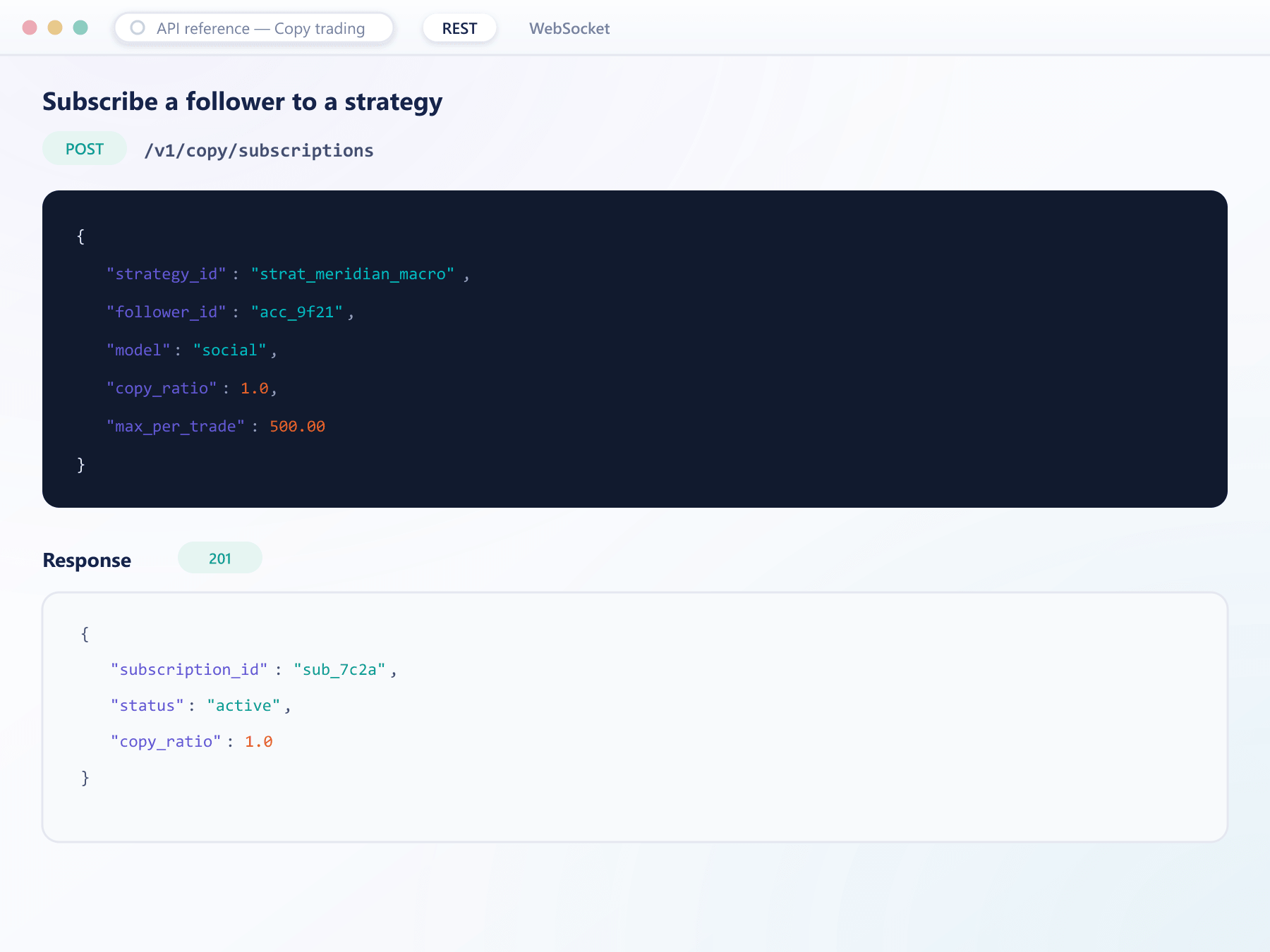 API request to subscribe a follower to a strategy with JSON response