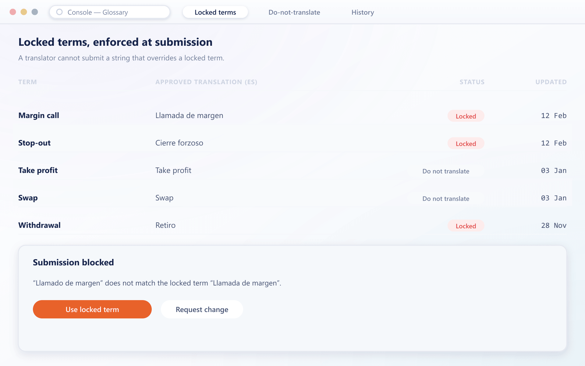 Locked term glossary with a blocked submission that overrides an approved term
