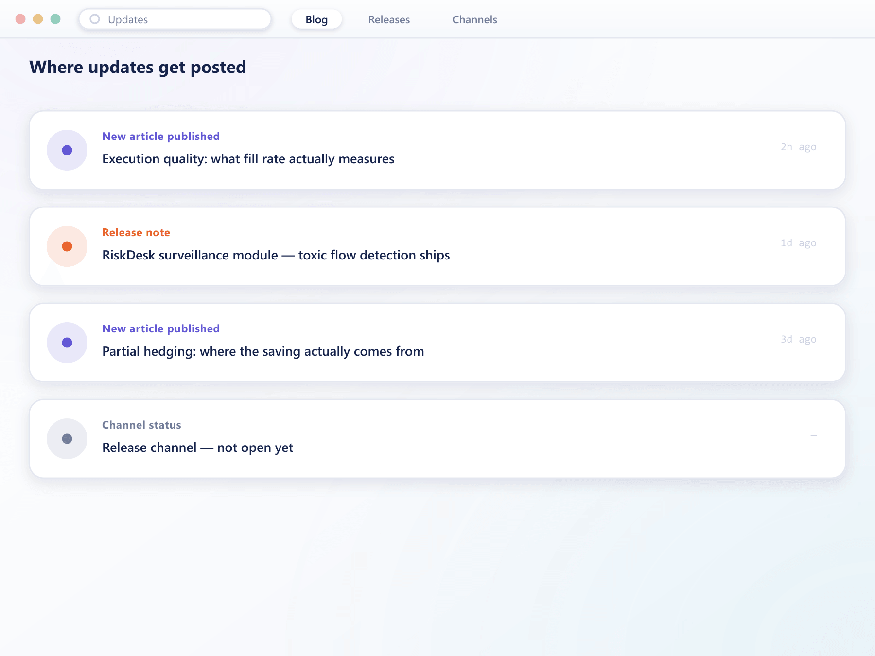 Combined feed of articles, release notes and channel status