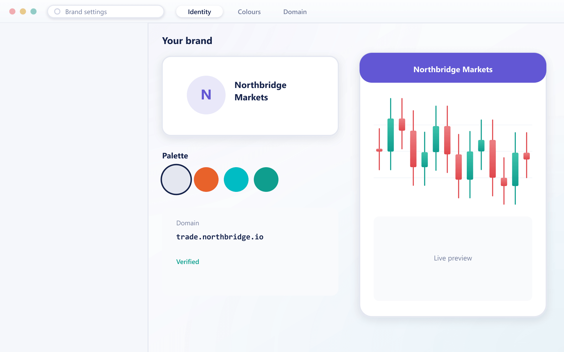 White-label brand identity, colour palette and live preview