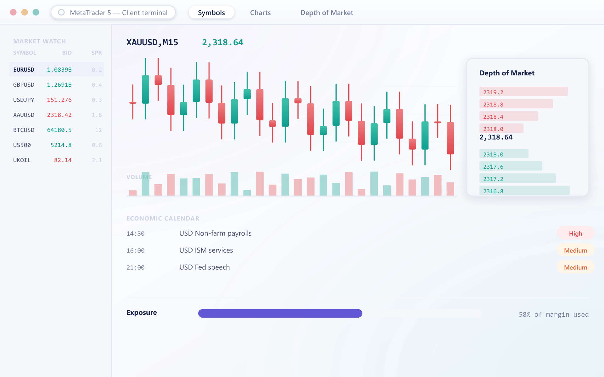MetaTrader 5 terminal with Market Watch, volume, Depth of Market and an economic calendar