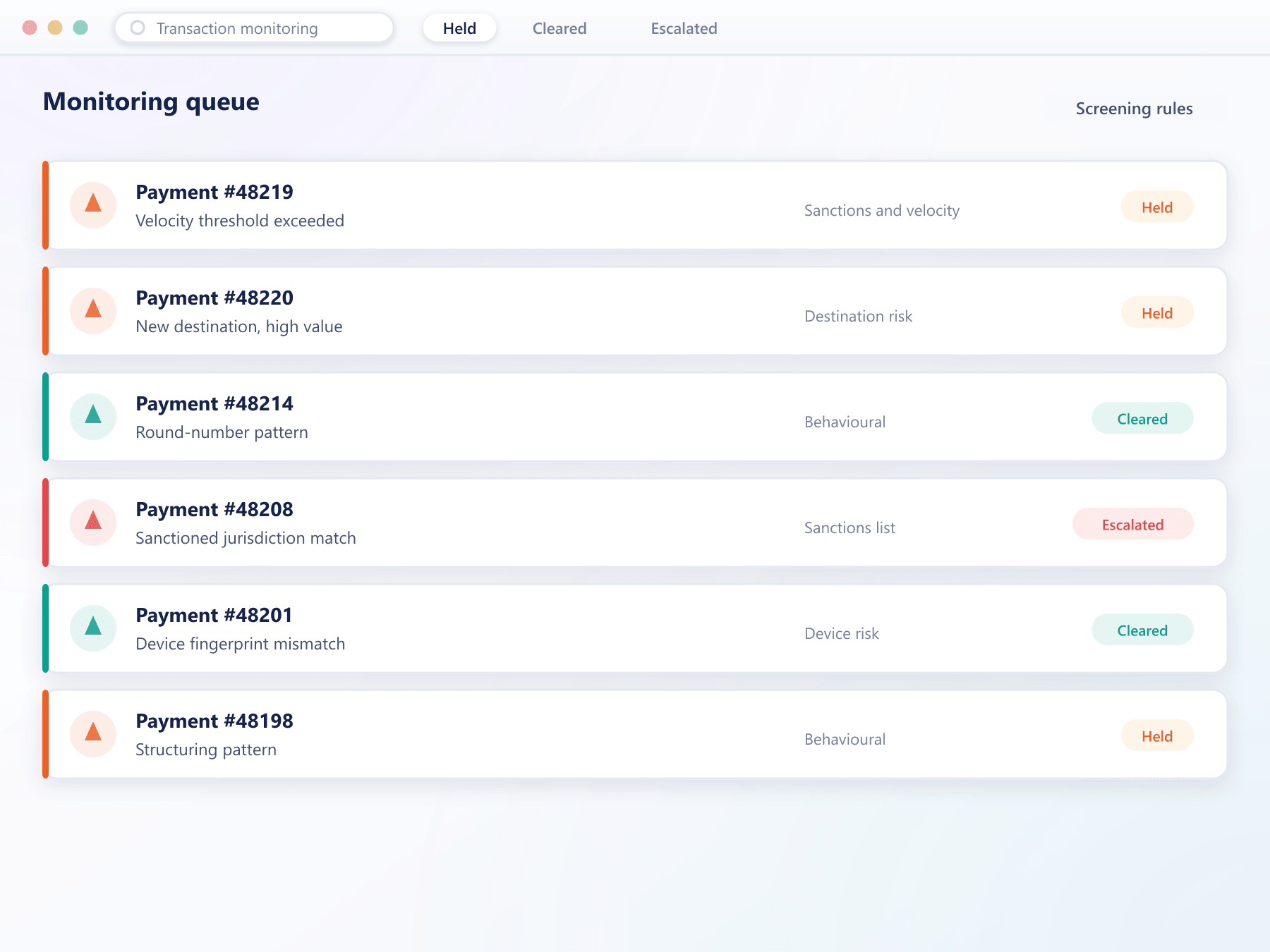 PayVault transaction monitoring panel showing held payments and screening status