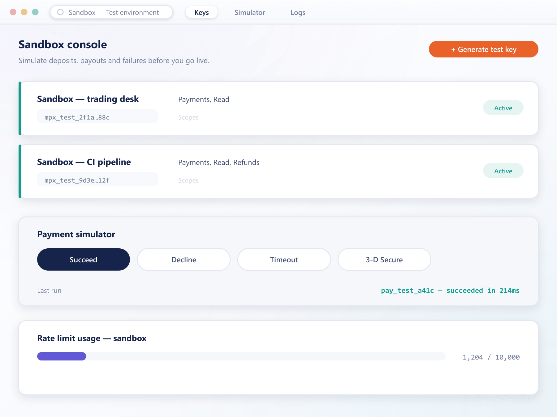 PayVault sandbox console showing test API keys, a payment simulator and rate-limit usage