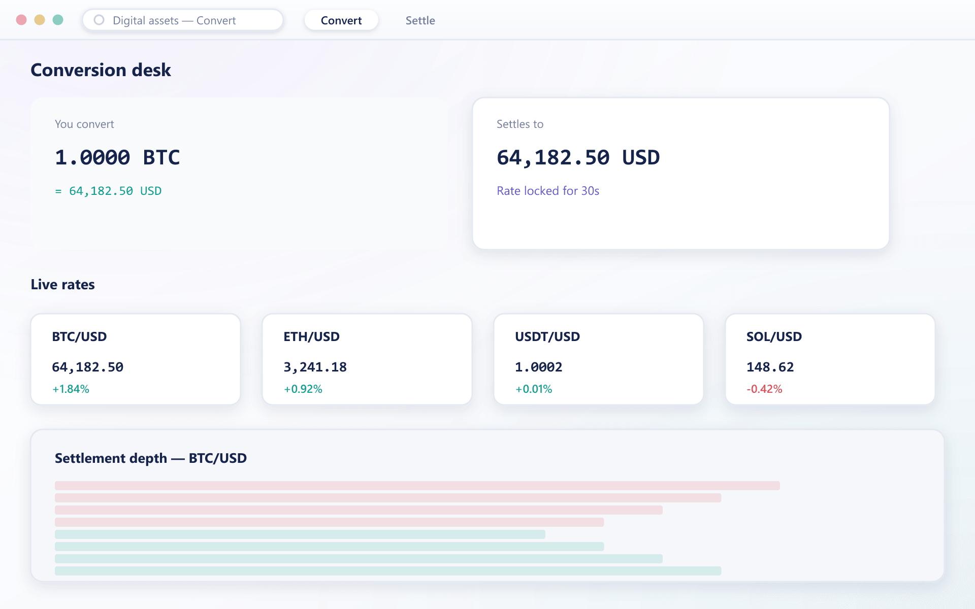 PayVault conversion desk showing a locked settlement quote, live pairs and settlement depth