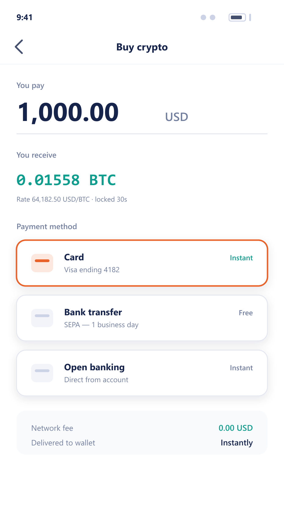 Mobile buy-crypto screen showing a fiat amount, converted crypto amount and payment method picker