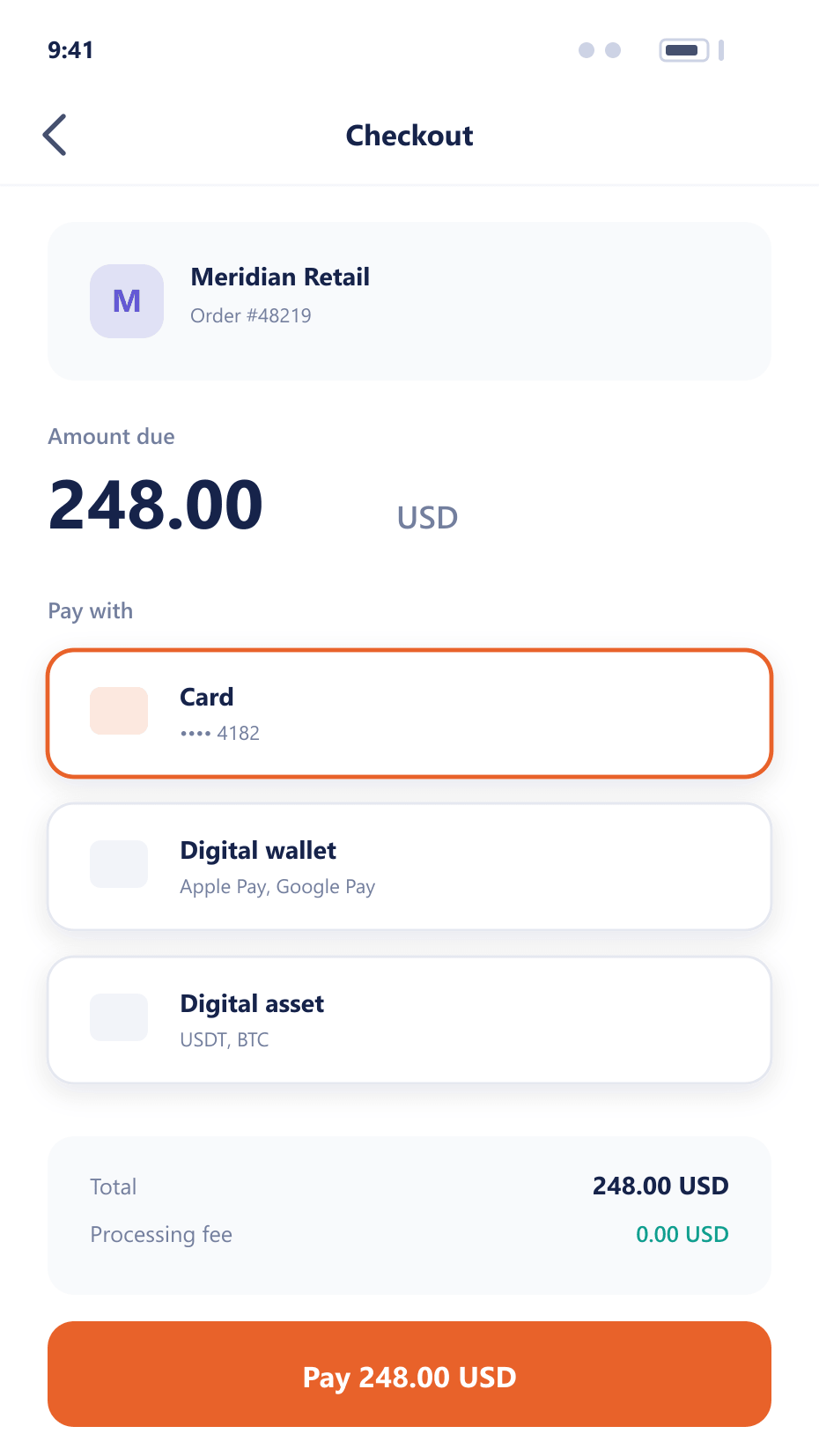 Mobile checkout screen showing a merchant order, amount due and payment method picker