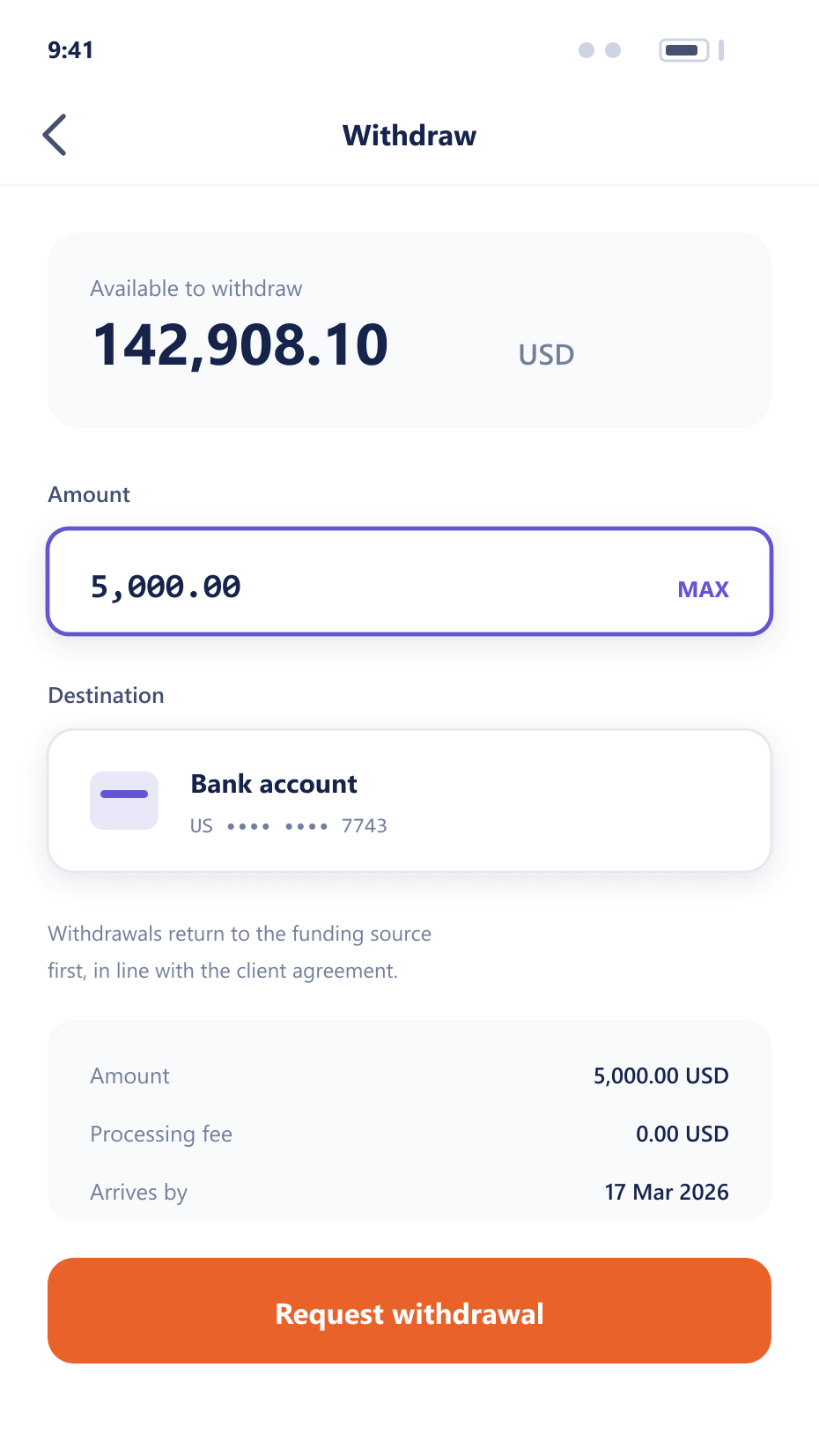 Mobile withdrawal screen showing an amount entry and destination picker