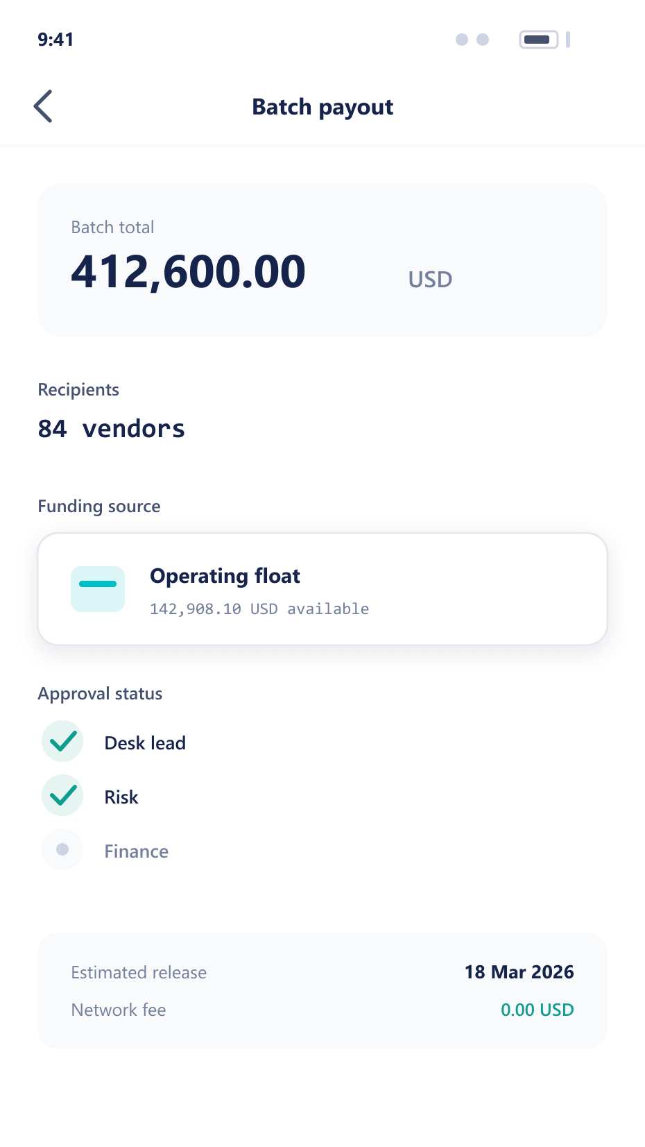 Mobile batch payout screen showing recipient count, funding source and multi-step approval status