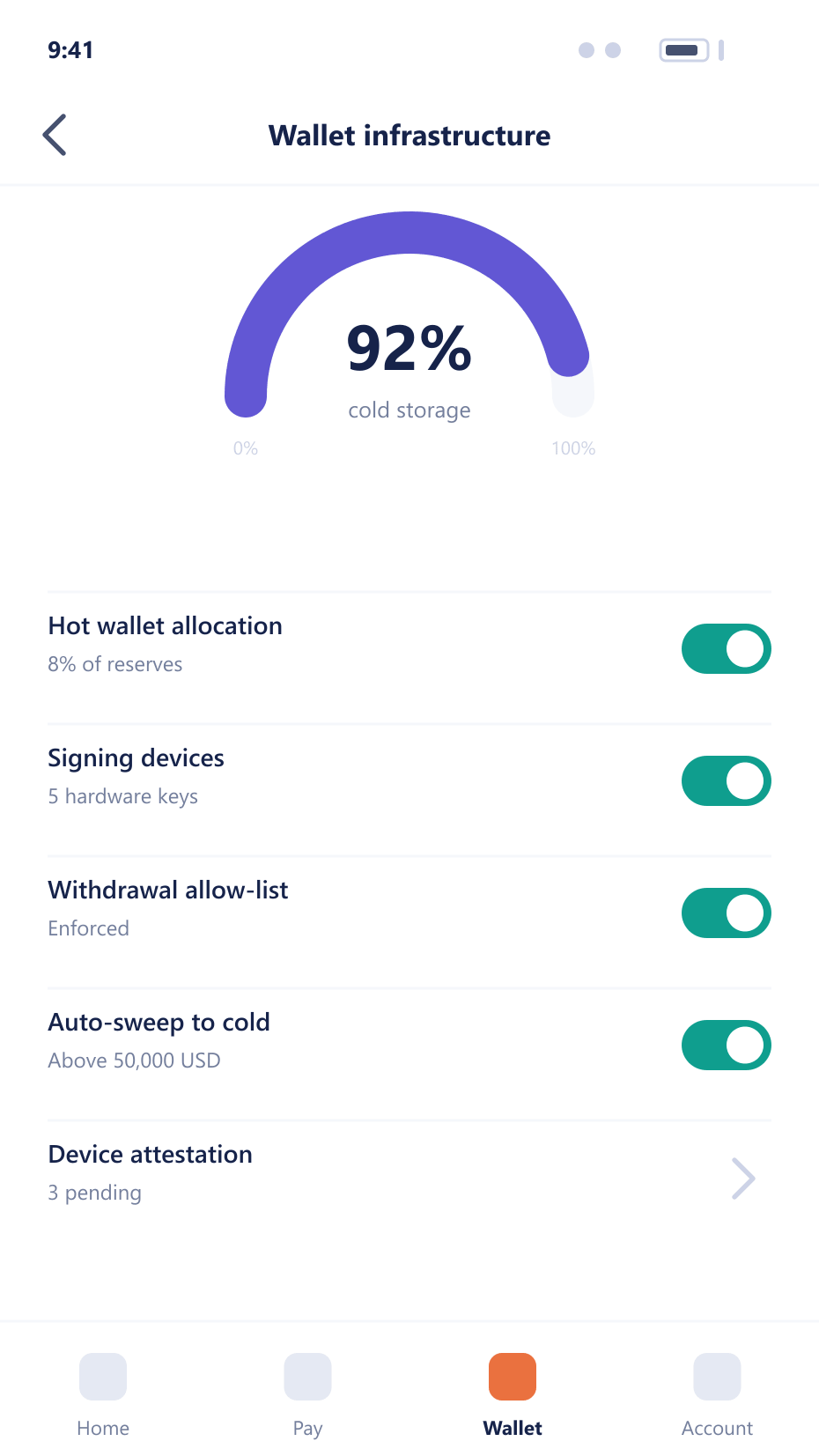 Mobile wallet infrastructure screen showing cold storage allocation and signing device controls