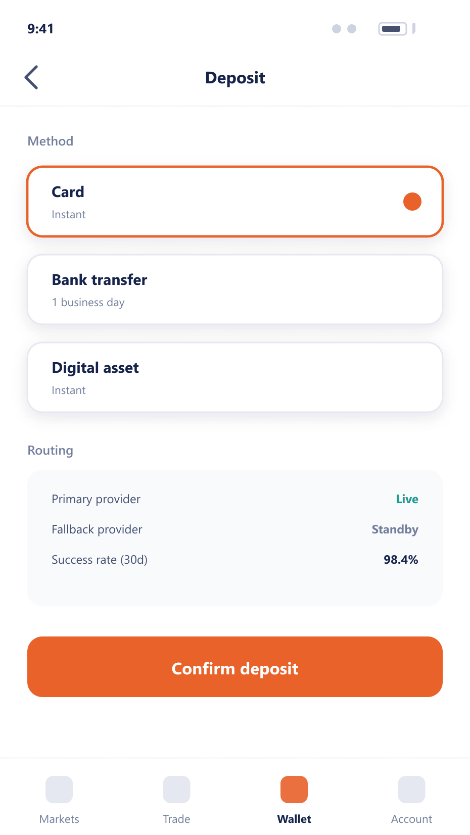 Mobile deposit flow with payment method selection and provider routing status