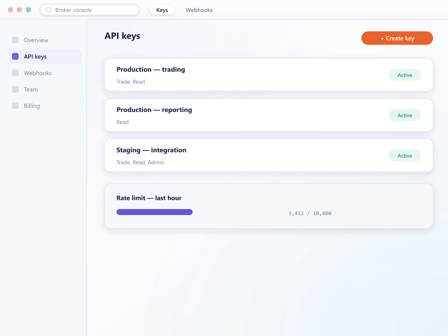Broker console with a navigation rail, API key list and rate-limit usage