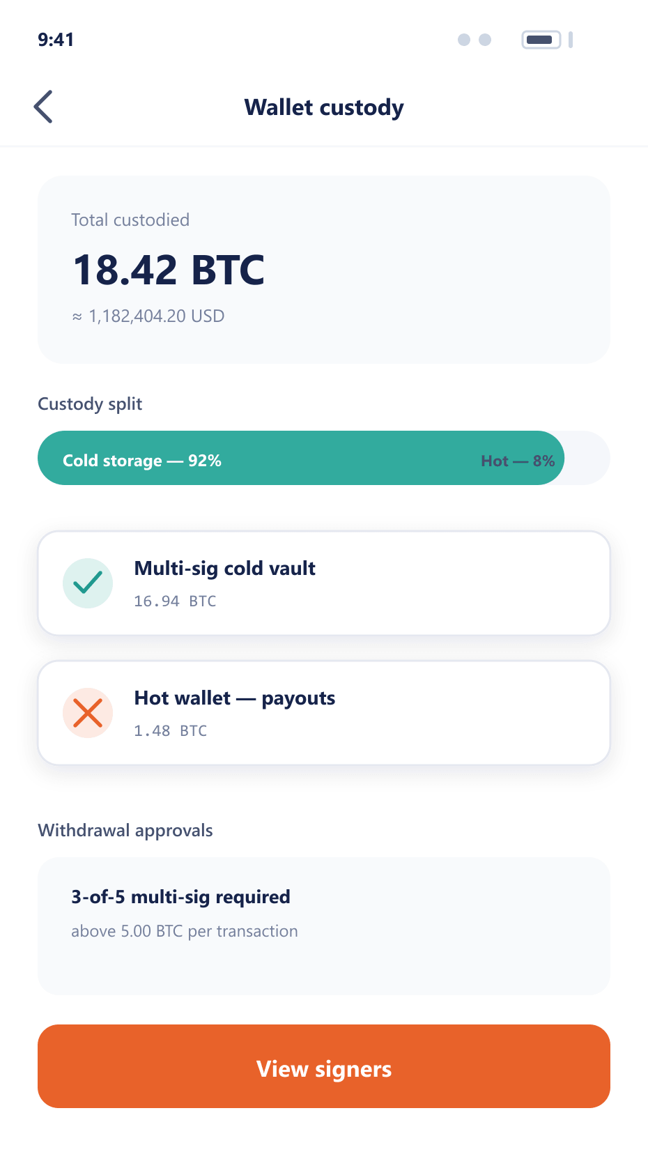 Mobile wallet custody screen showing cold and hot storage split, vault balances and multi-signature withdrawal approval threshold