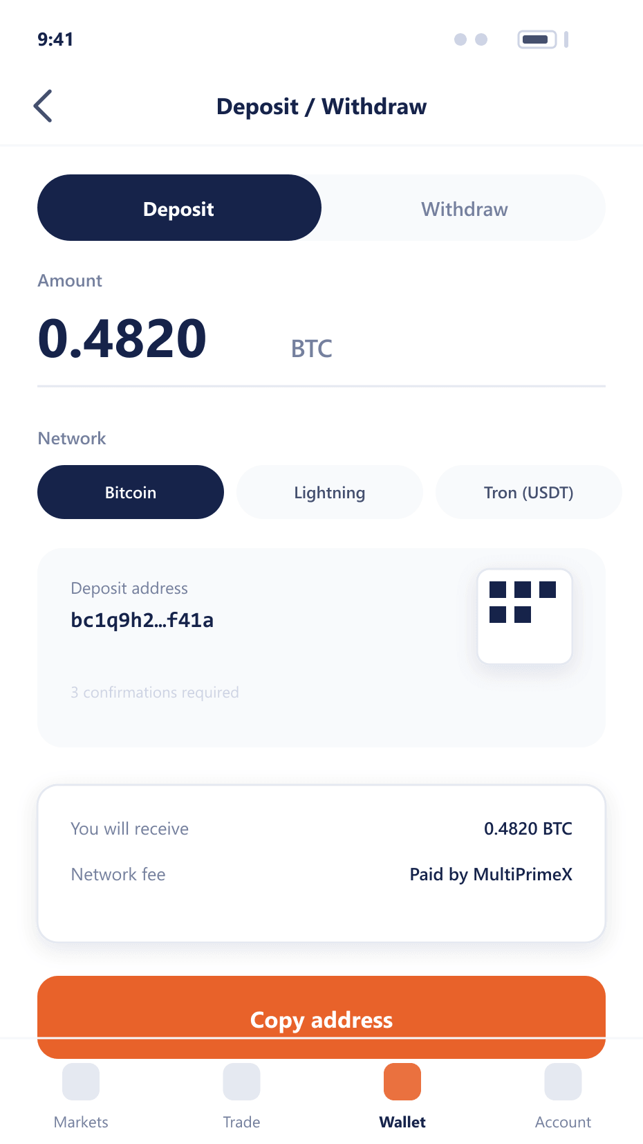 Mobile deposit and withdraw screen with amount entry, network selection, QR deposit address and confirmation requirements
