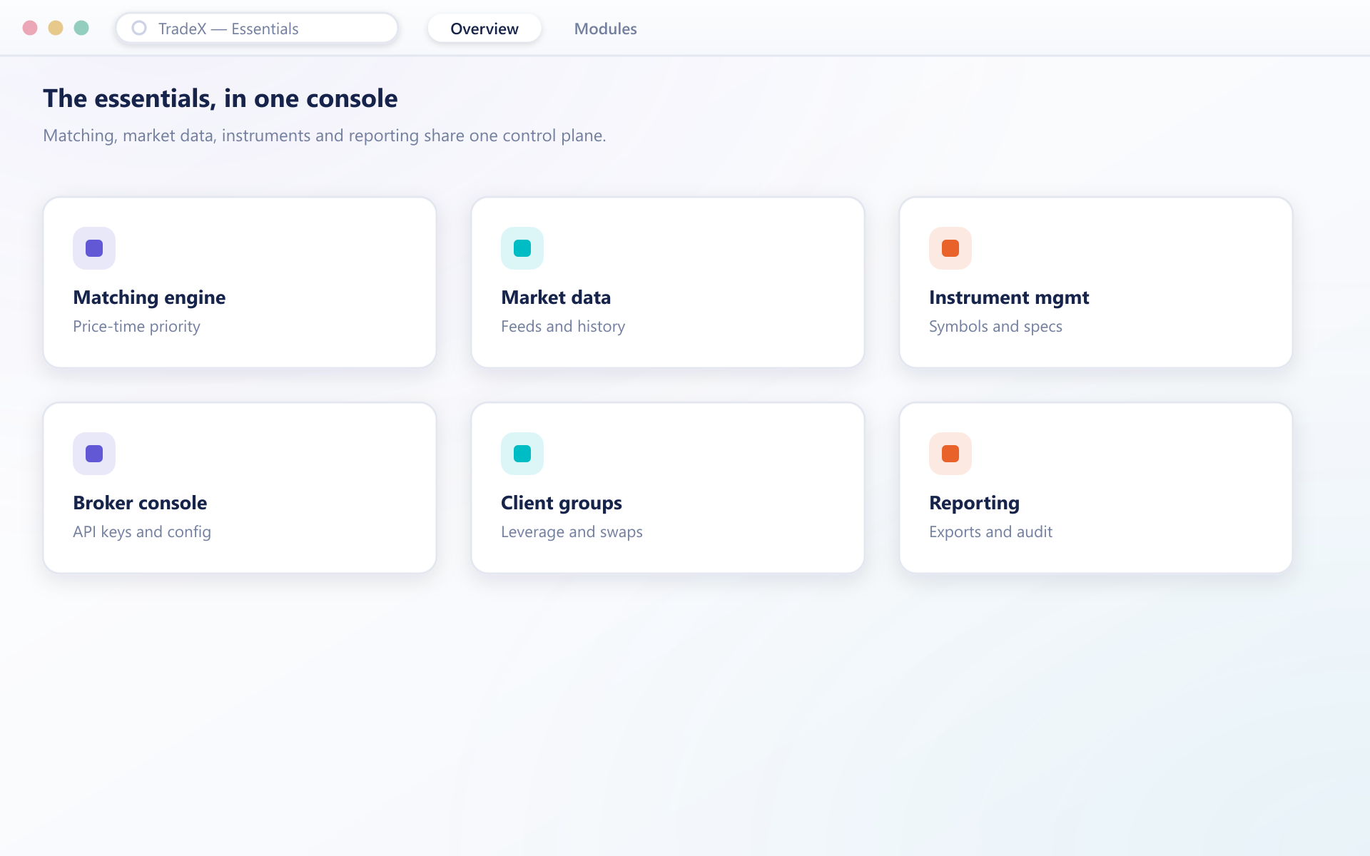 Grid of TradeX essentials modules: matching engine, market data, instruments, console, groups and reporting