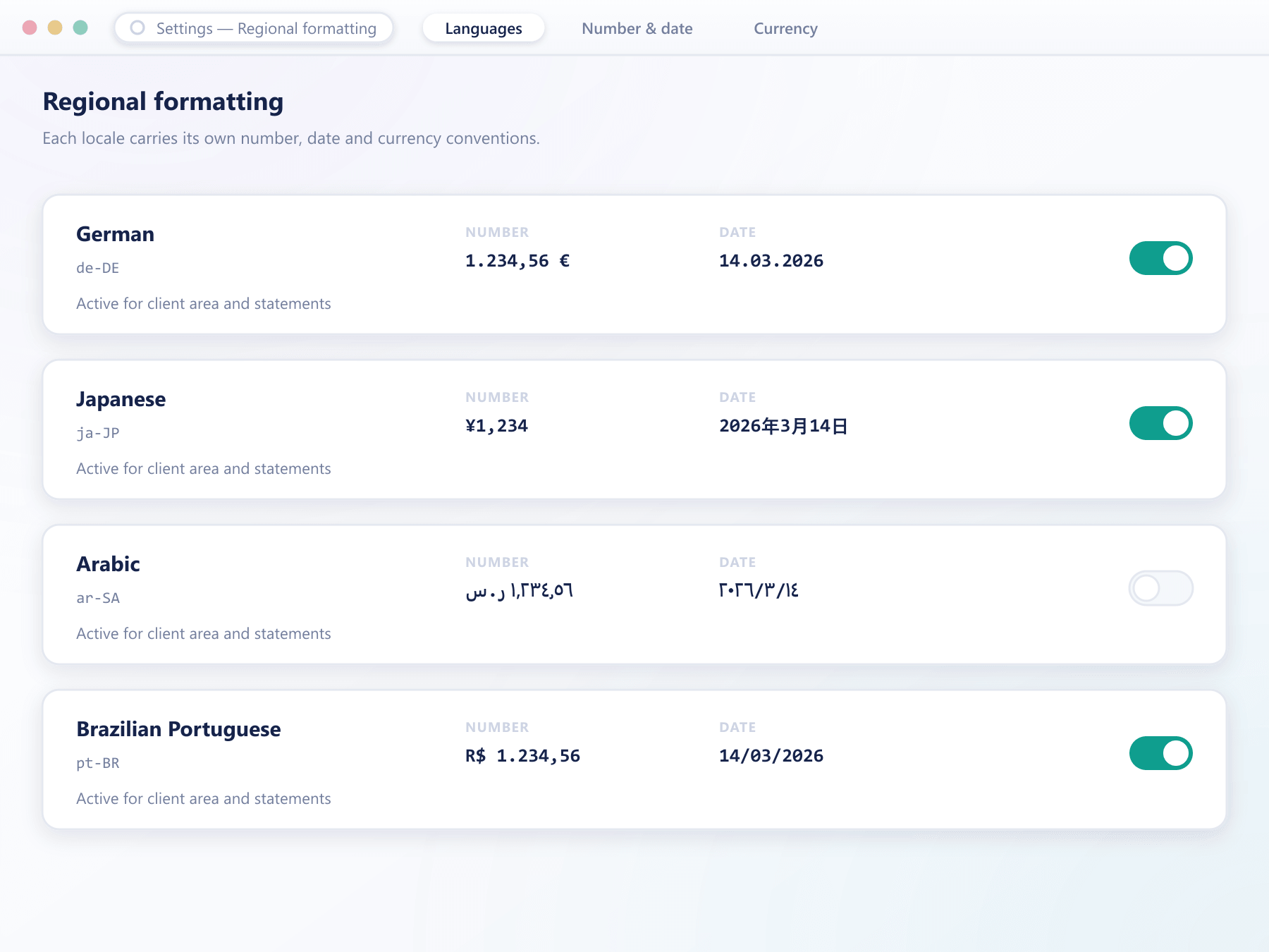 Per-locale number, date and currency formatting with active toggles