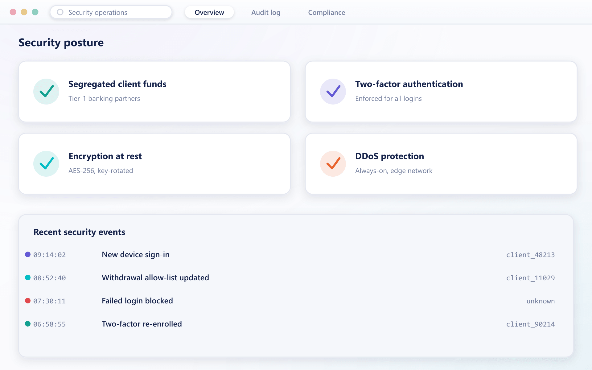 Security operations dashboard with posture cards and a recent events log