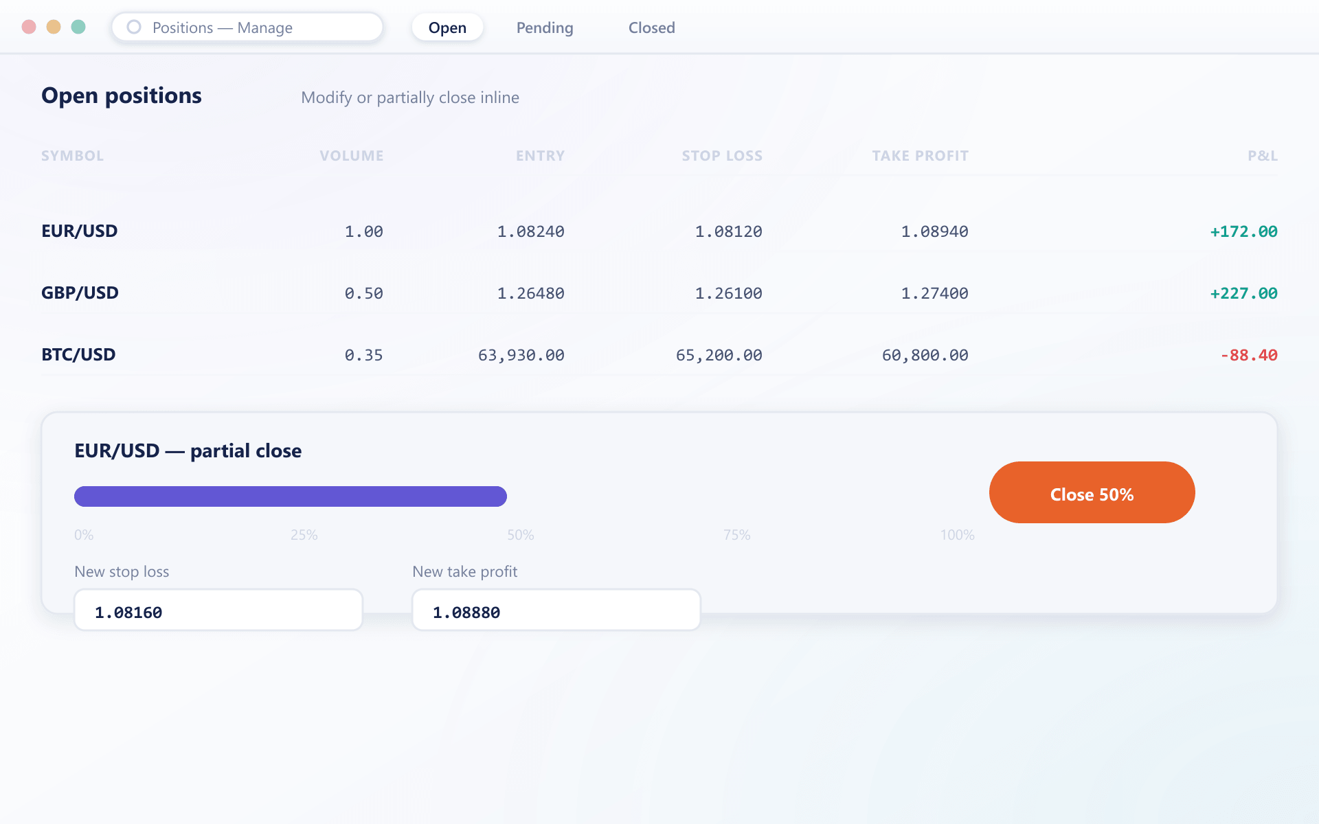 Open positions table with an inline partial-close slider and stop and take profit fields