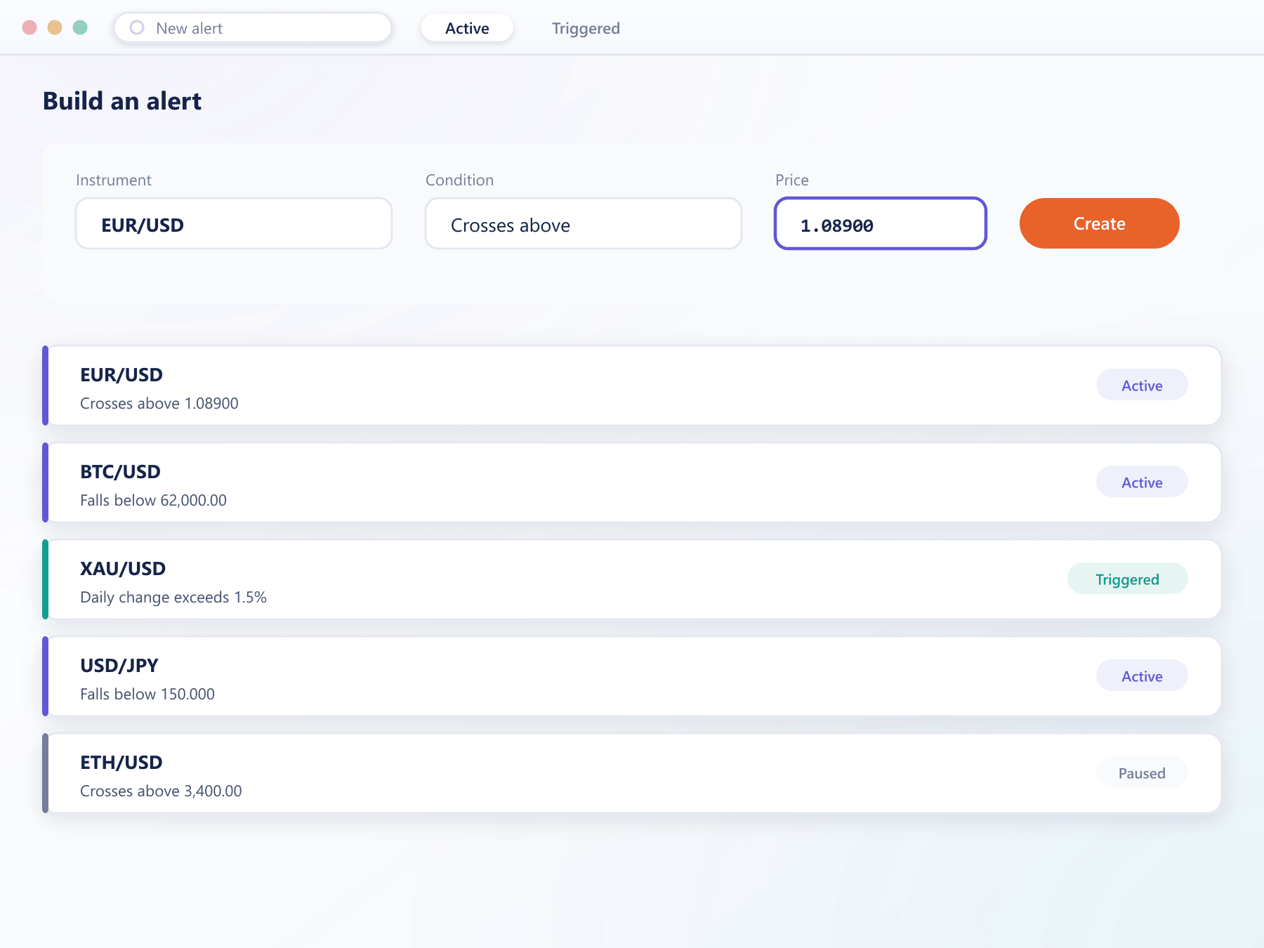 Alert condition builder above a list of saved price alerts