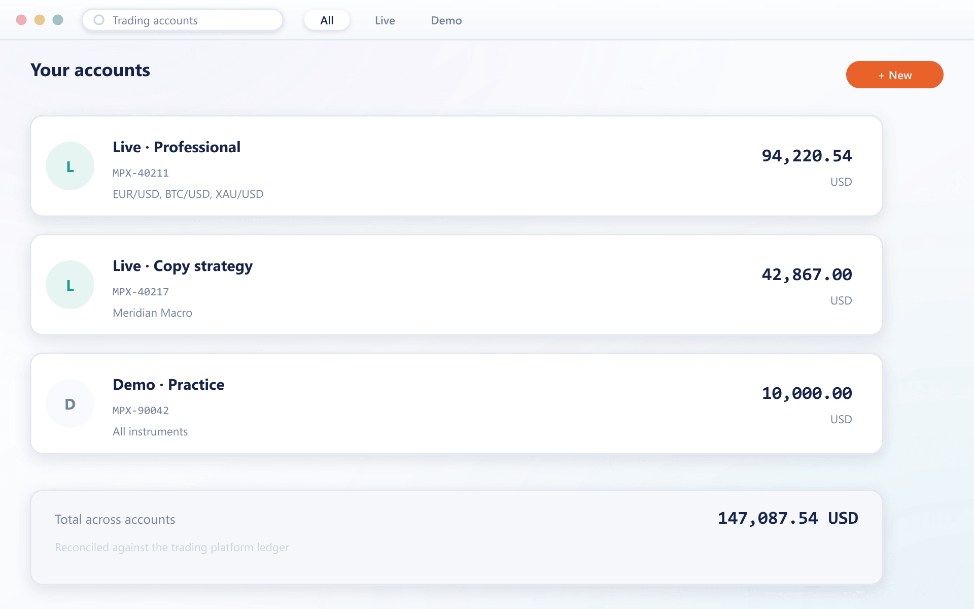BrokerOS multi-account balance overview