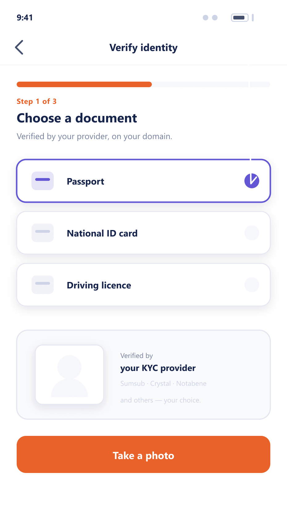 Mobile document selection screen showing your KYC provider verifying identity inside your own client area