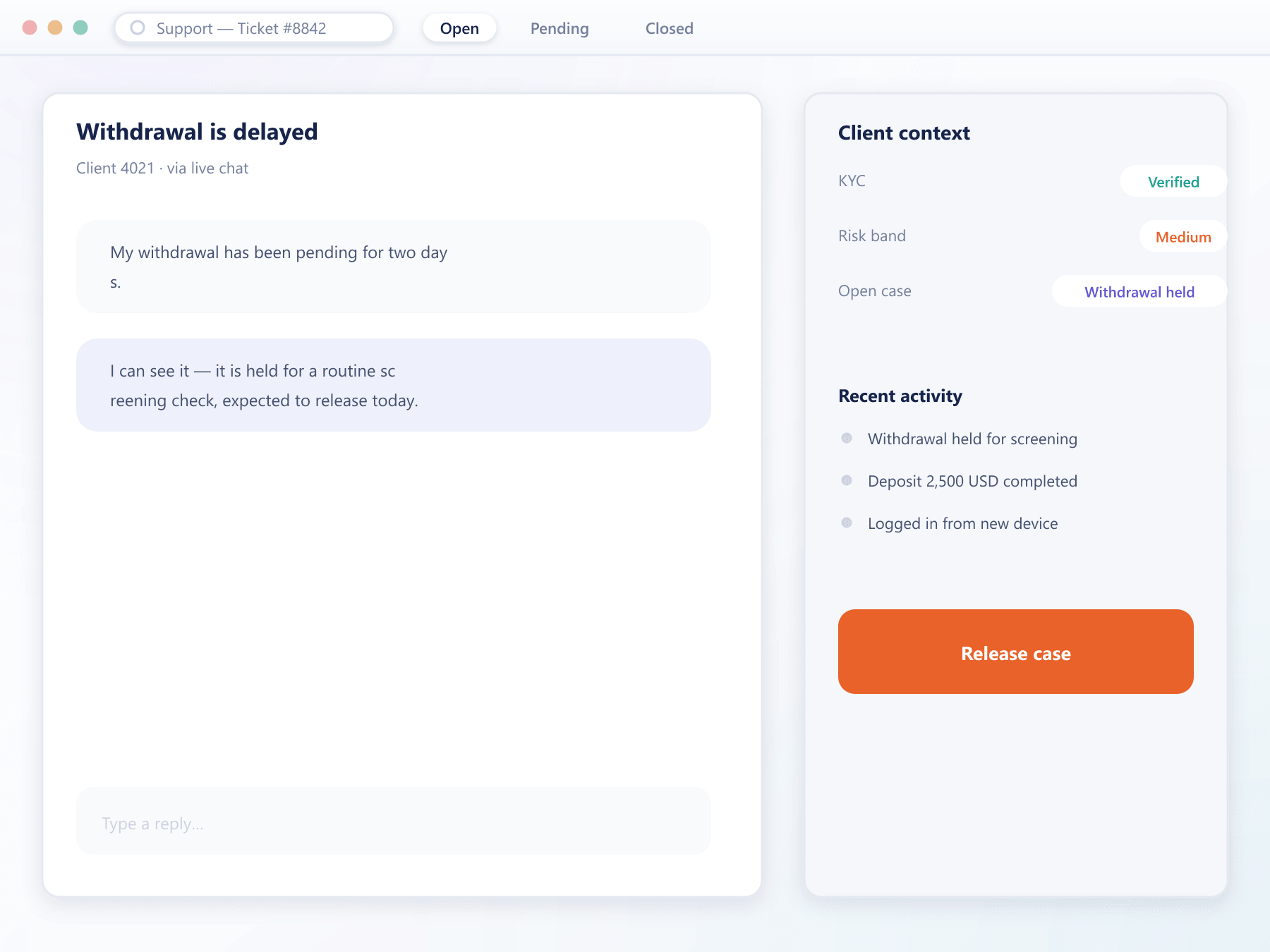 Support ticket chat alongside a client context panel of KYC, risk band and case flags