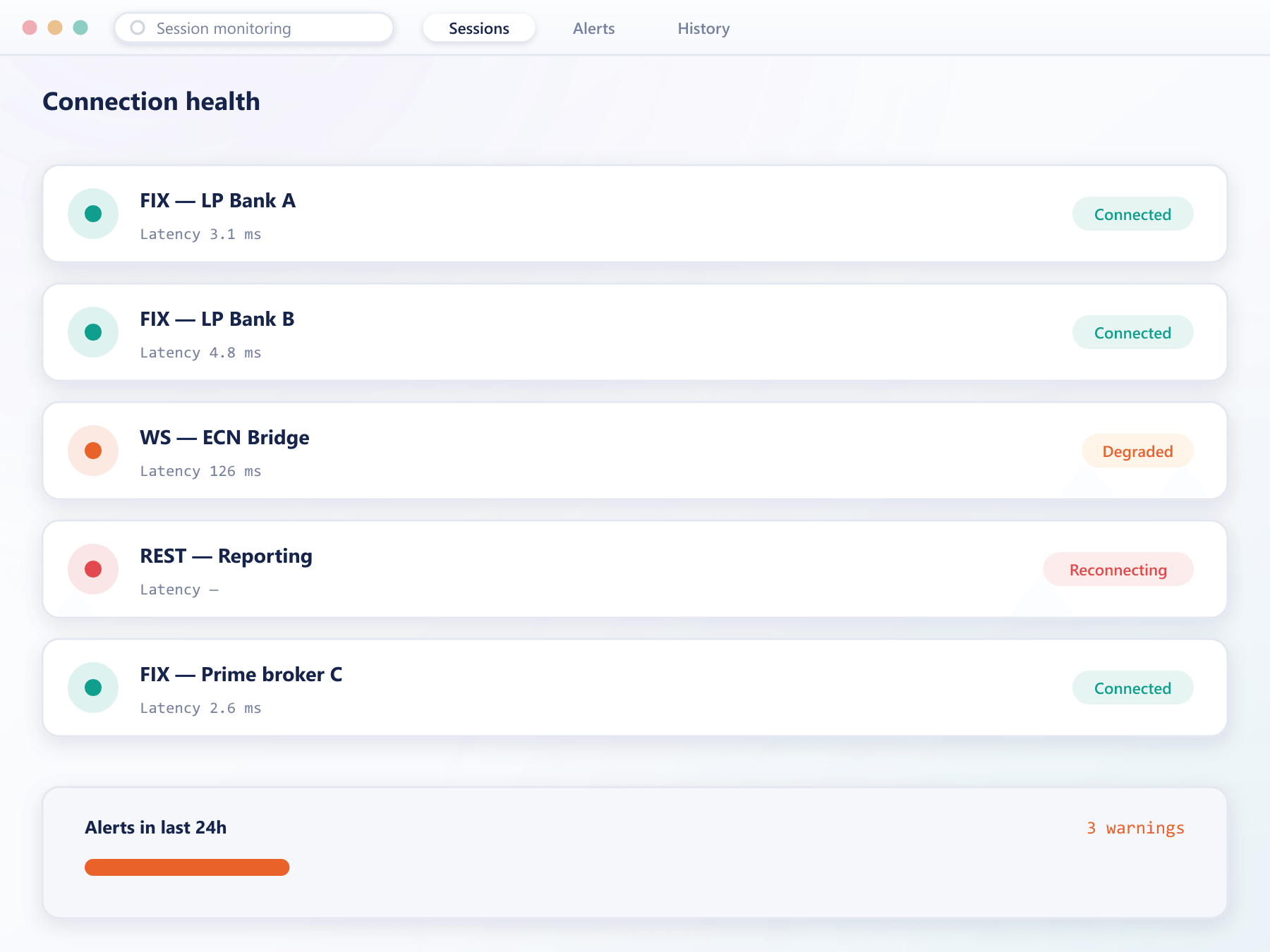 Session monitoring dashboard listing each venue connection with latency and status
