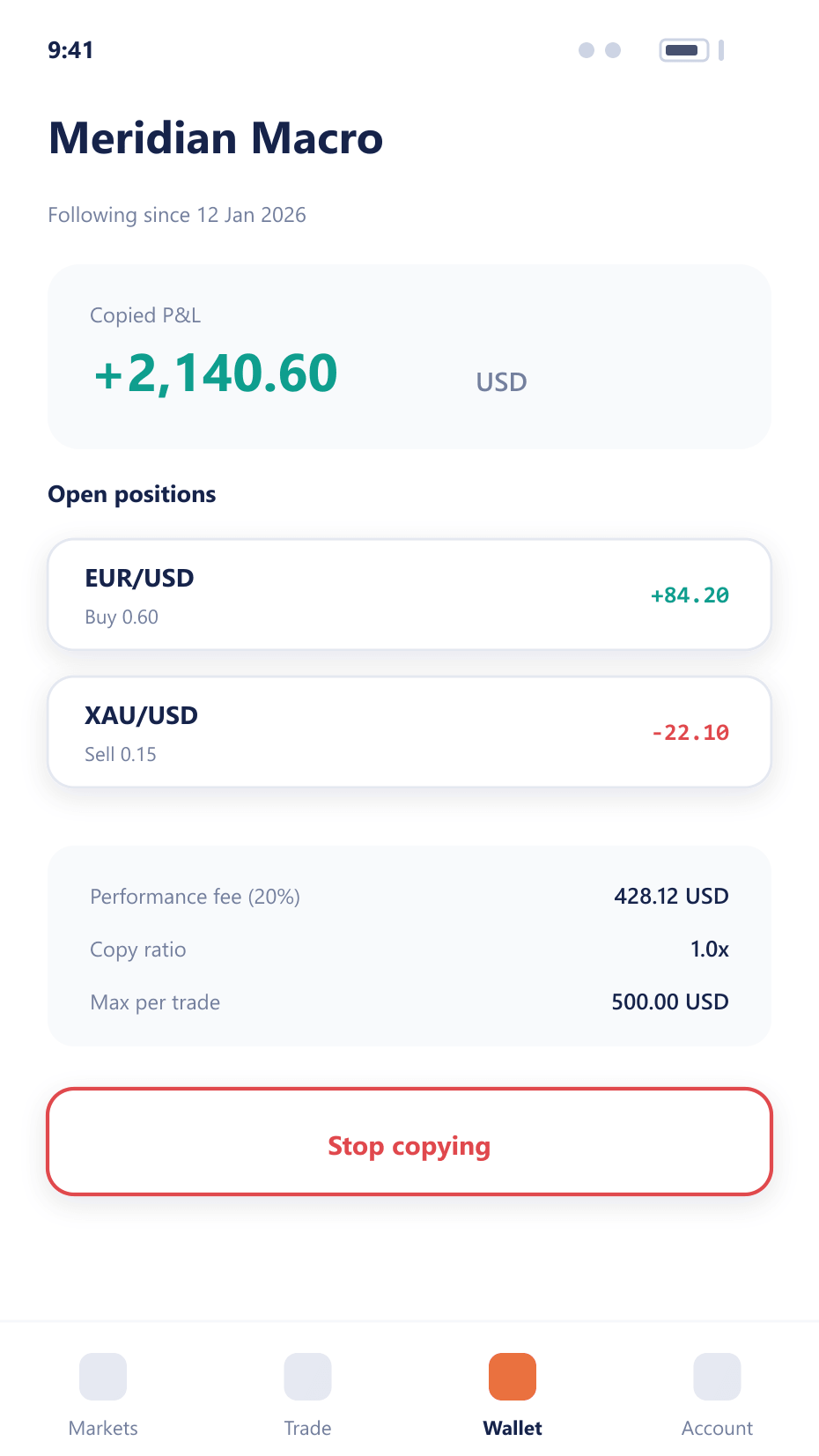 Mobile screen showing an investor's copied positions, fees and a stop-copying control