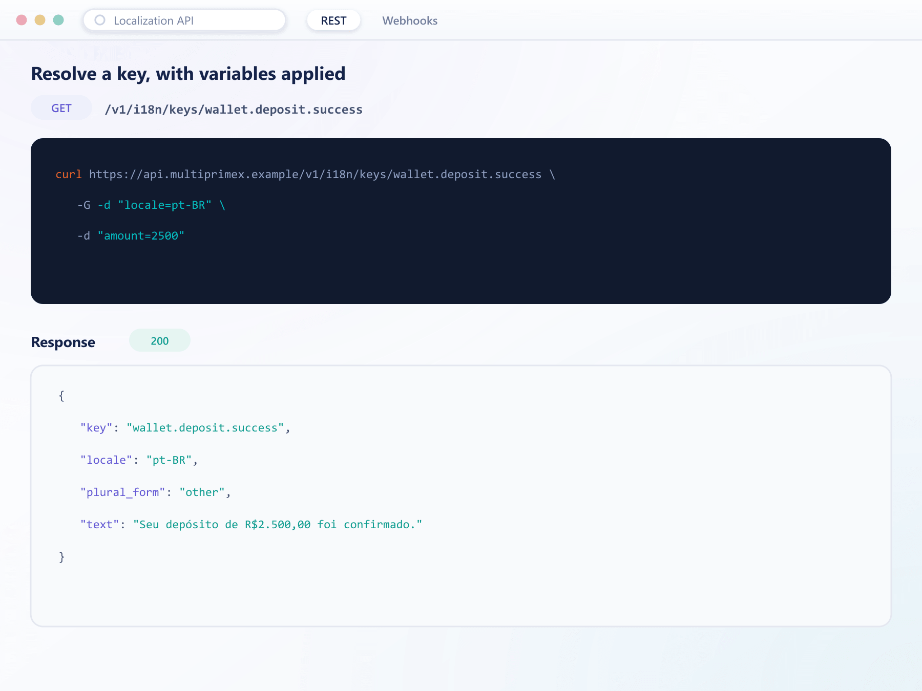 API request resolving a translation key with variables and JSON response