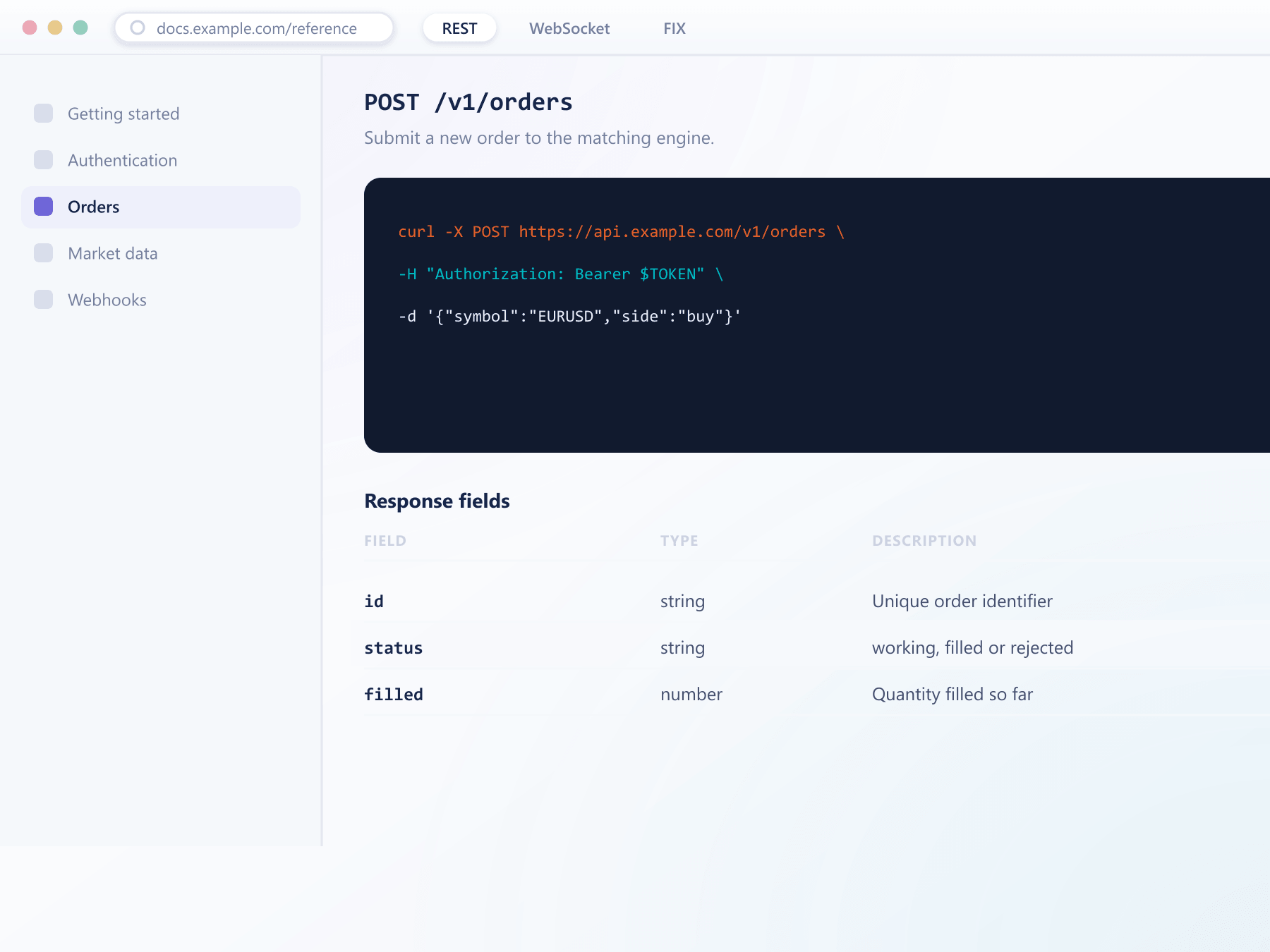 API reference documentation with request and response examples