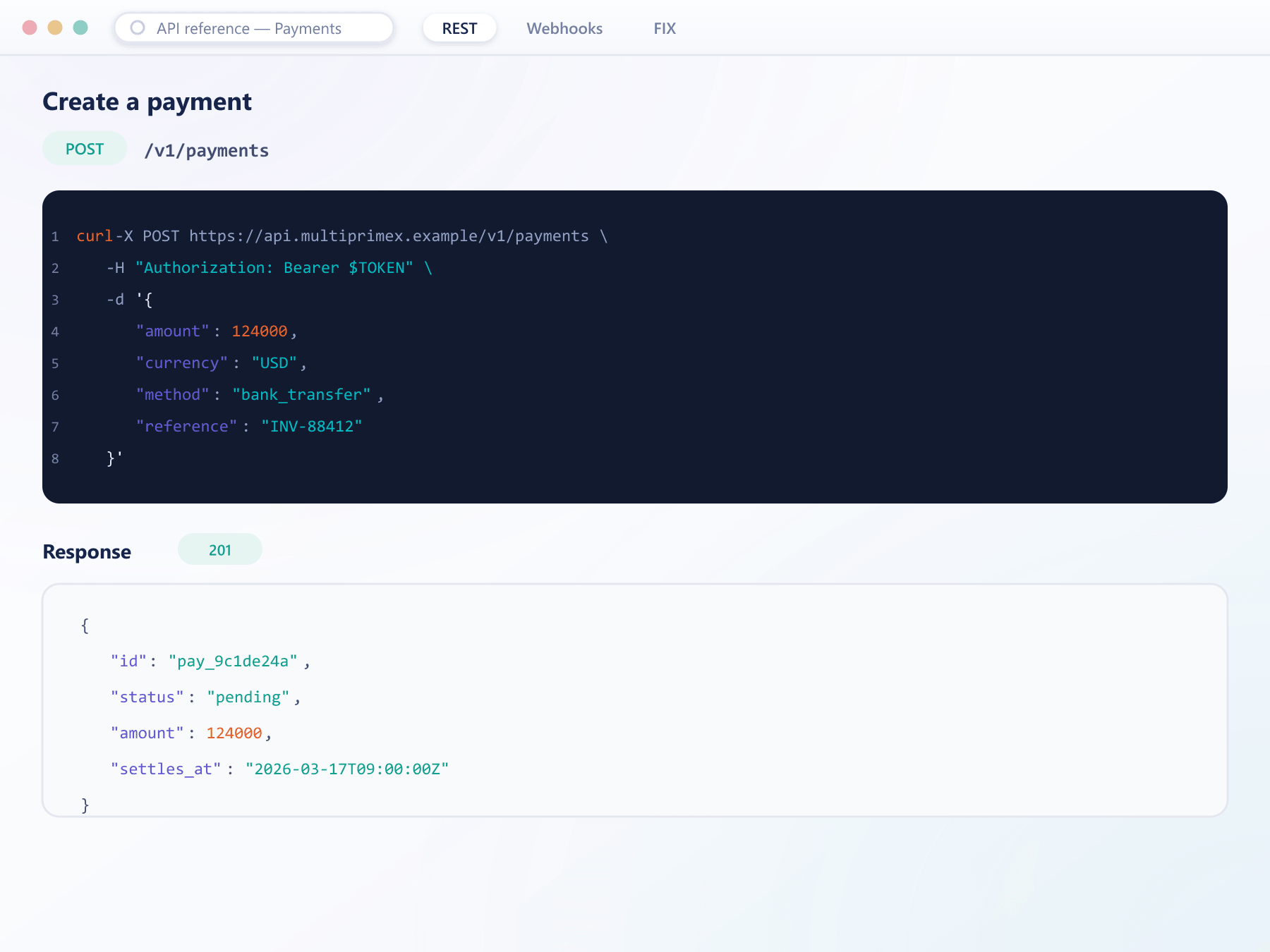 PayVault payments API reference showing a request sample and response payload