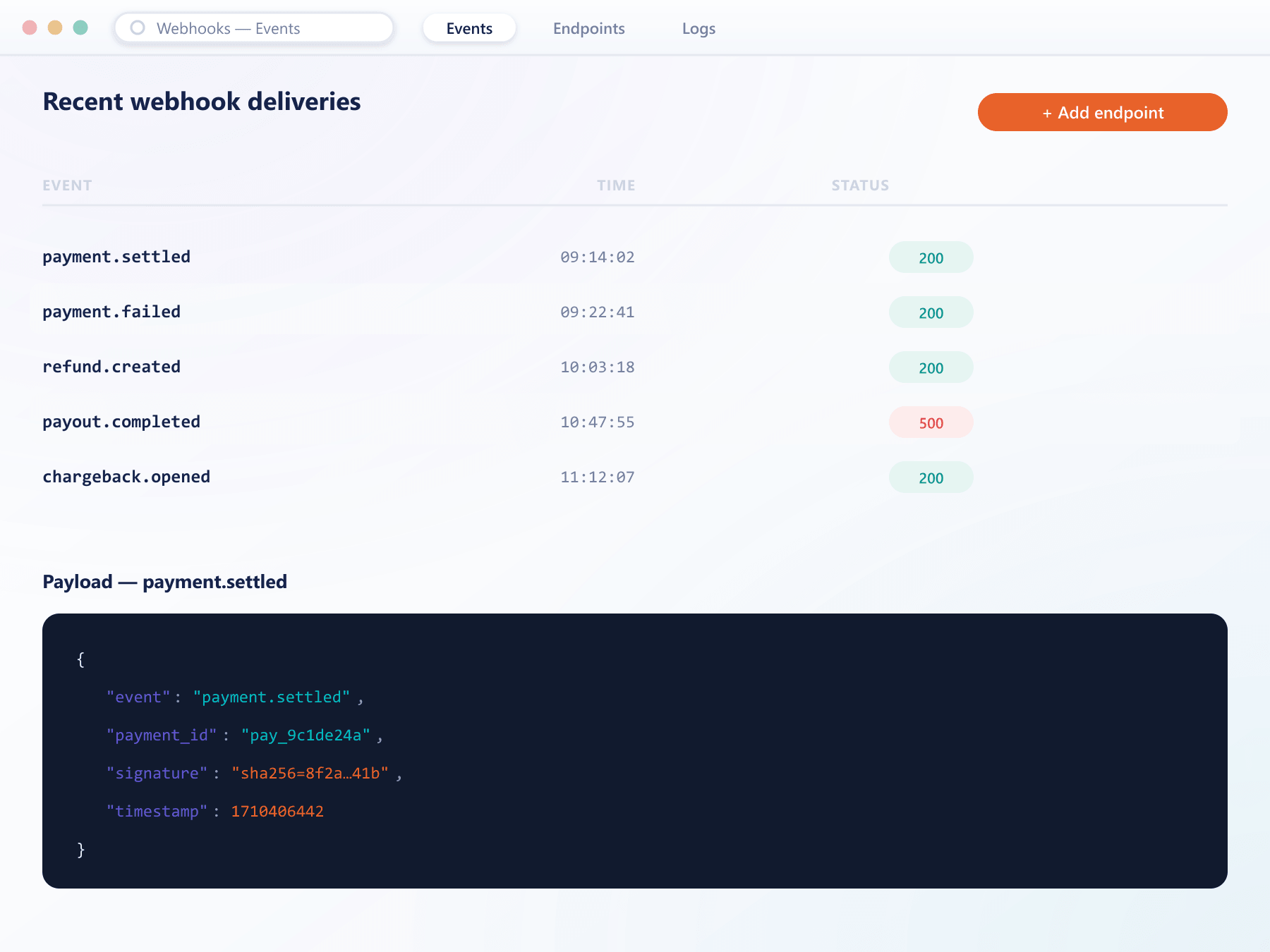 PayVault webhook deliveries log showing event statuses and a signed payment.settled payload