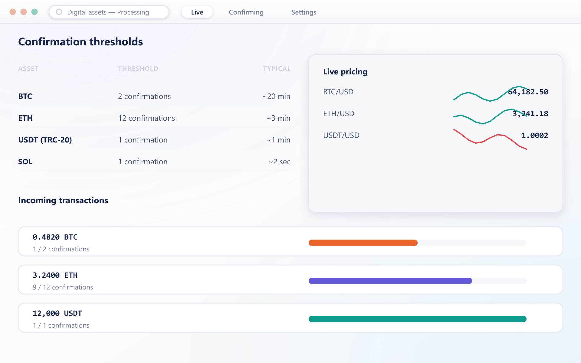 PayVault crypto processing dashboard showing confirmation thresholds and live pricing