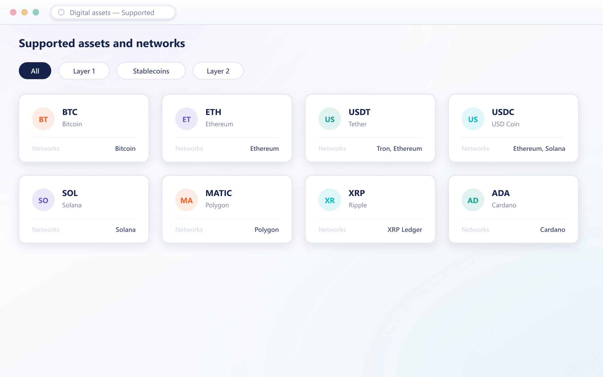 PayVault supported assets grid showing digital assets grouped by category with their available networks