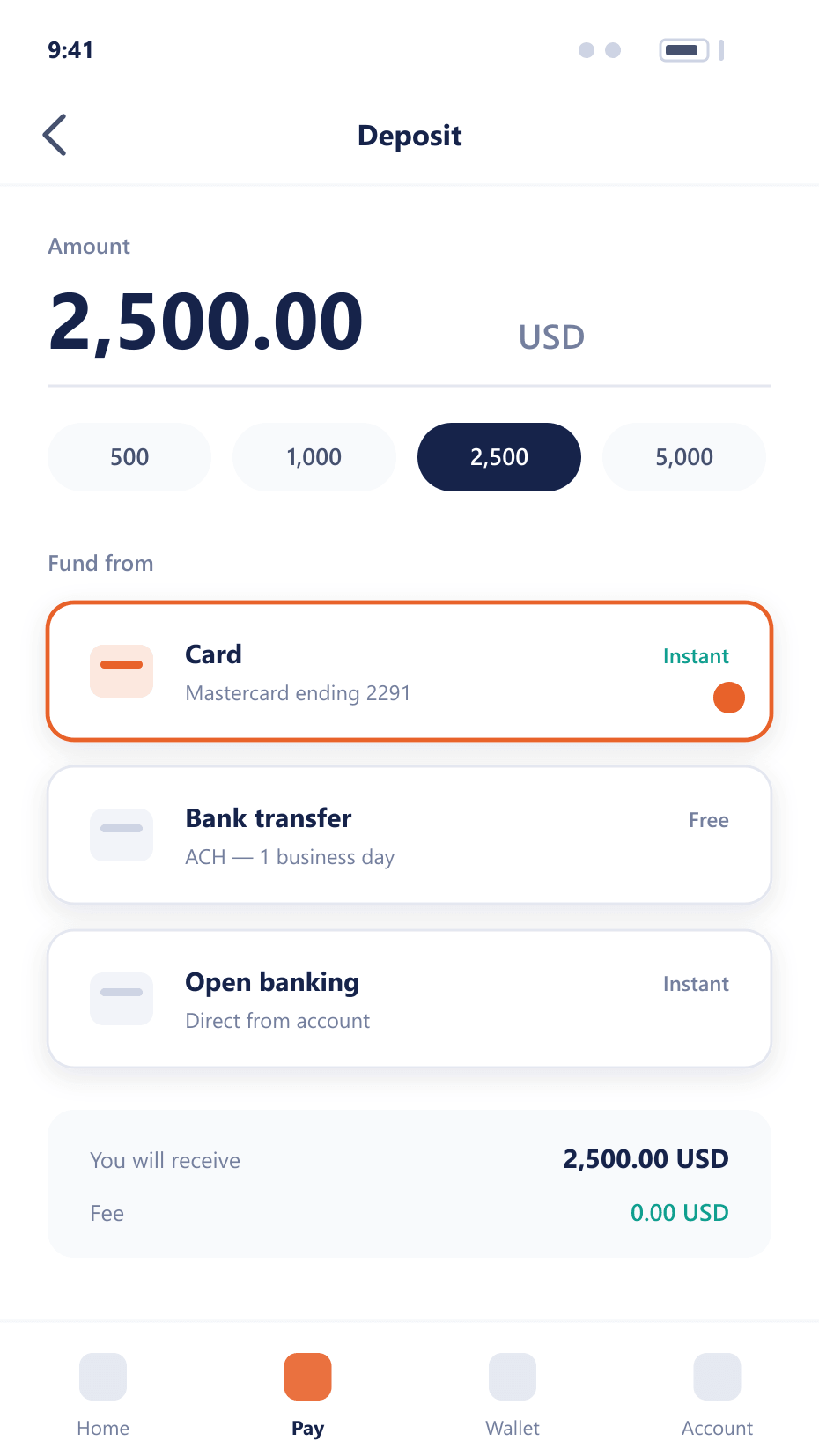 Mobile deposit screen showing an amount entry and payment method picker