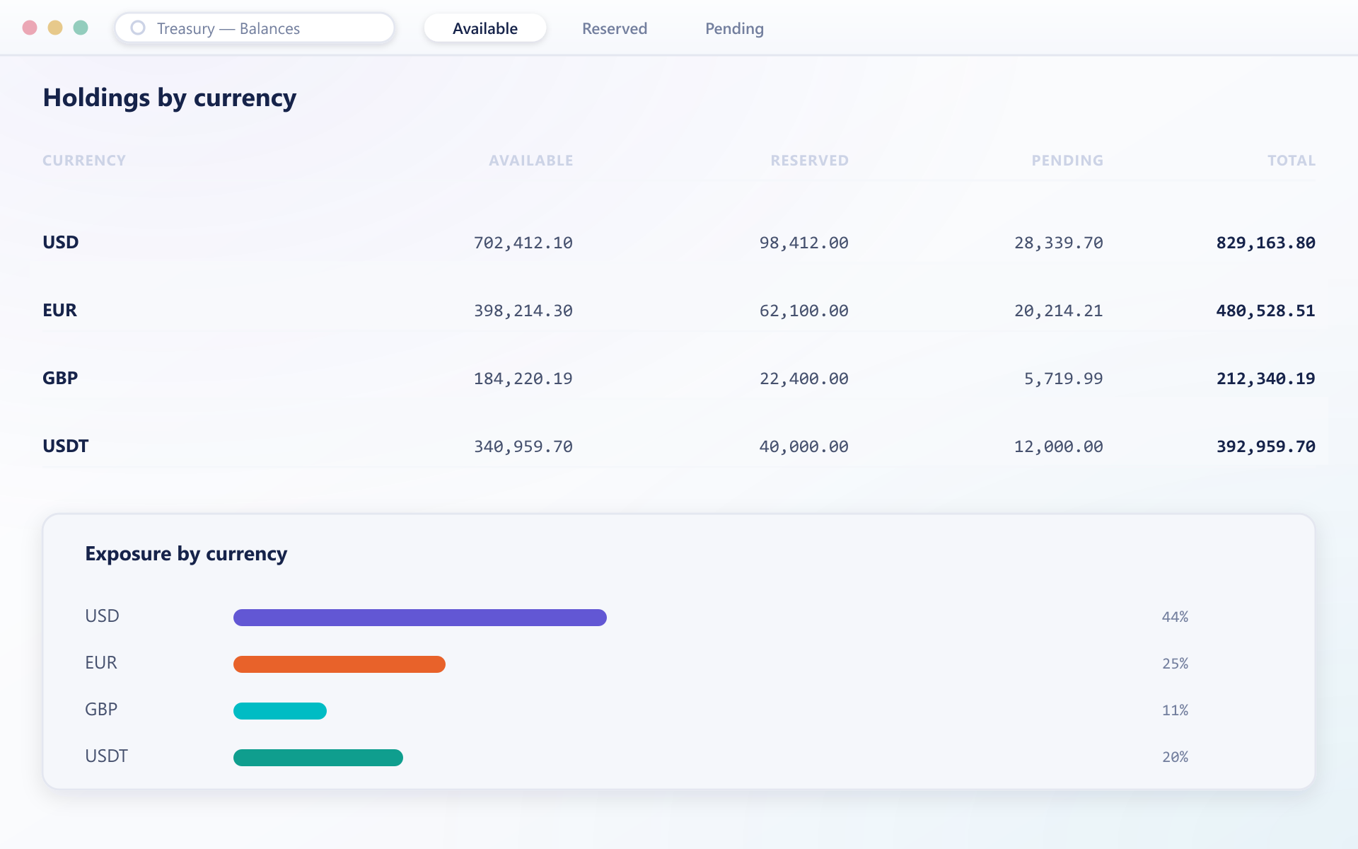 PayVault treasury balances overview showing holdings and currency exposure